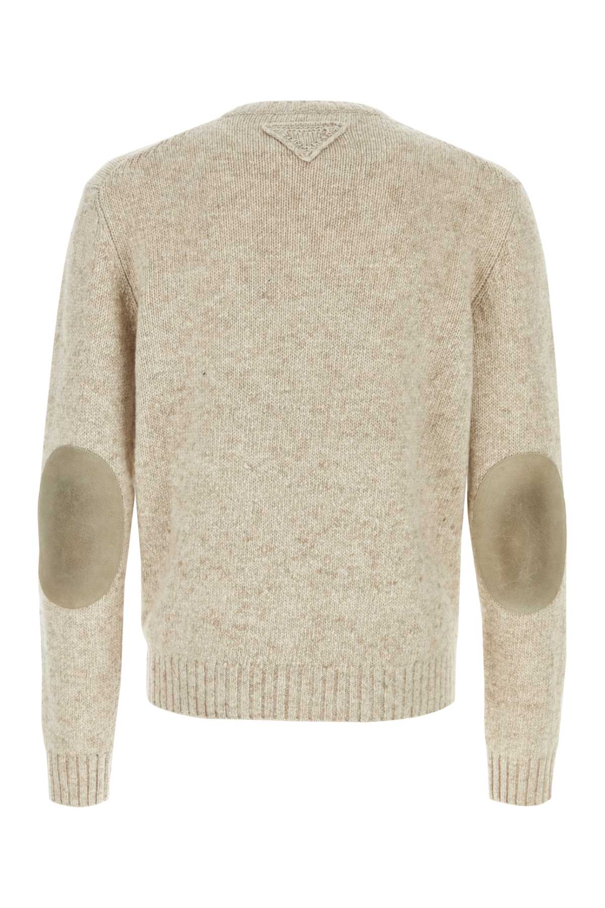 Prada Crew Neck Cashmere Sweater With Elbow Patches In Deserto
