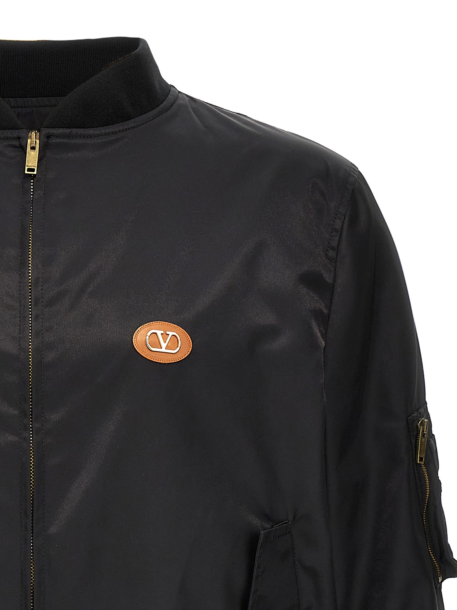 Valentino Nylon Bomber With Leather Patch And Vlogo Detail In Black