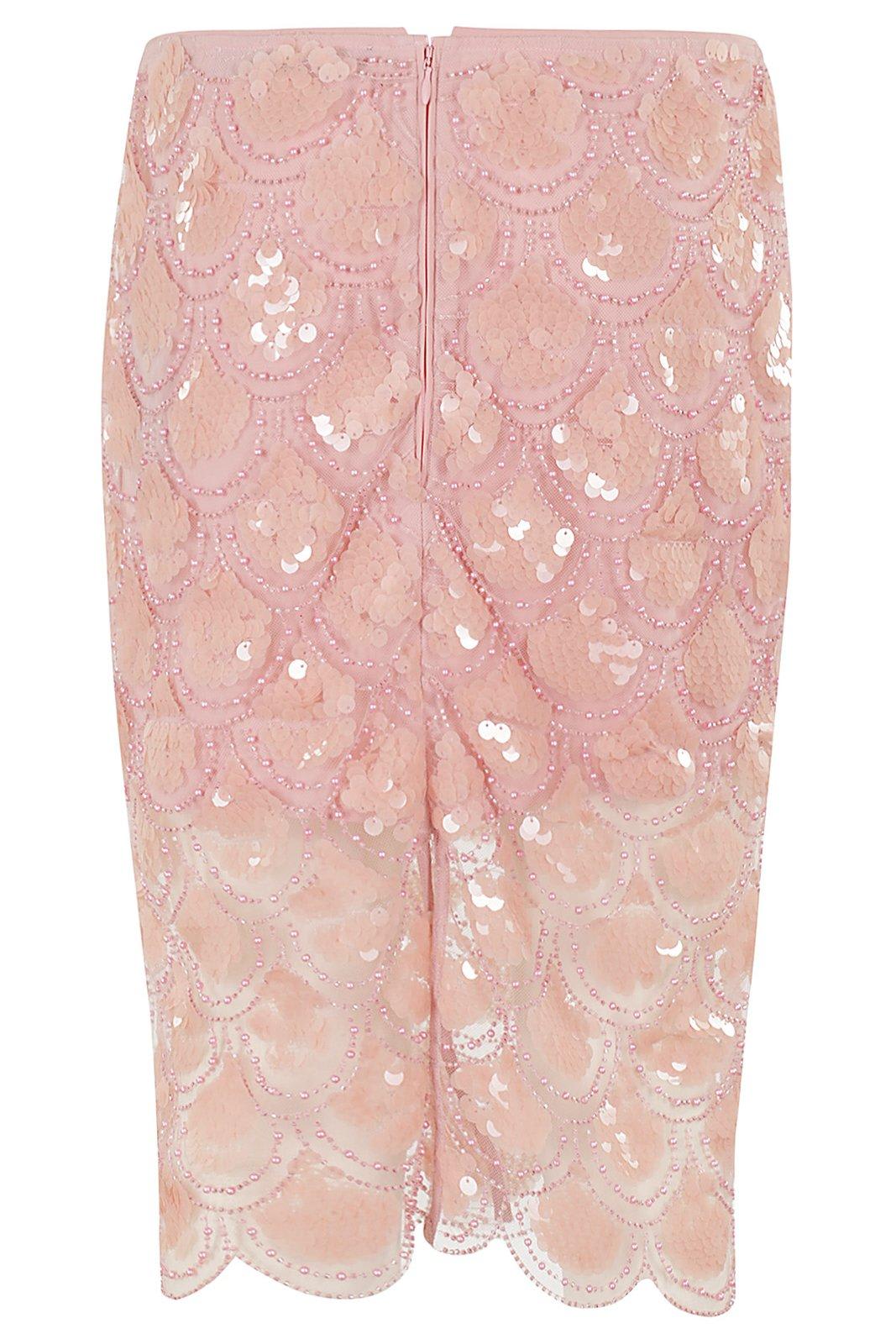 Shop Rotate Birger Christensen Sequin-embellished Mesh Pencil Skirt In Peachskin