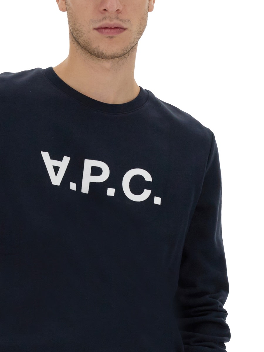 Shop Apc Flocked Logo Print Crewneck Sweatshirt In Blue
