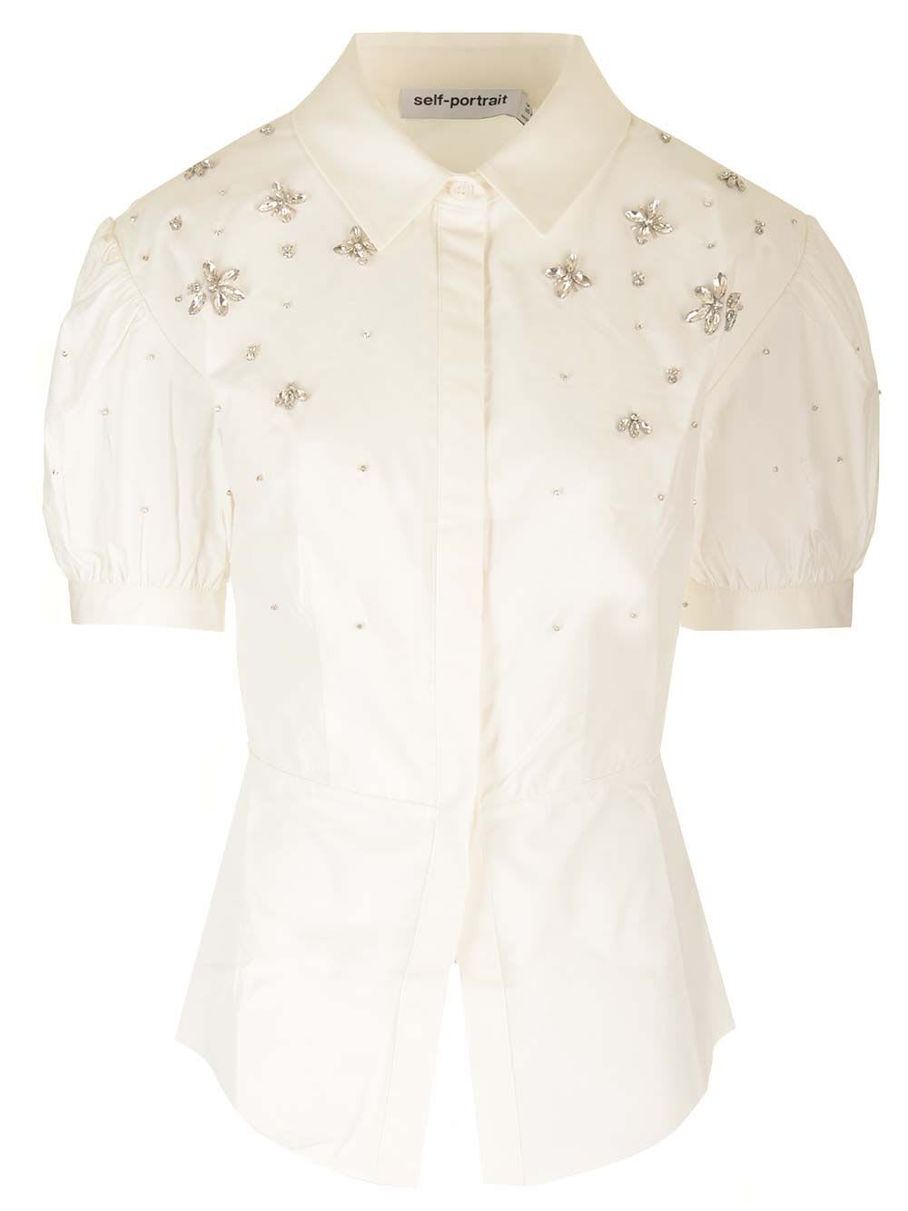 Shop Self-portrait Embellished Shirt In Bianco