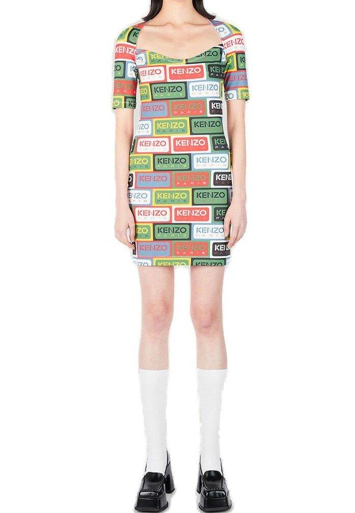 Shop Kenzo All-over Graphic Logo Motif Dress In Green