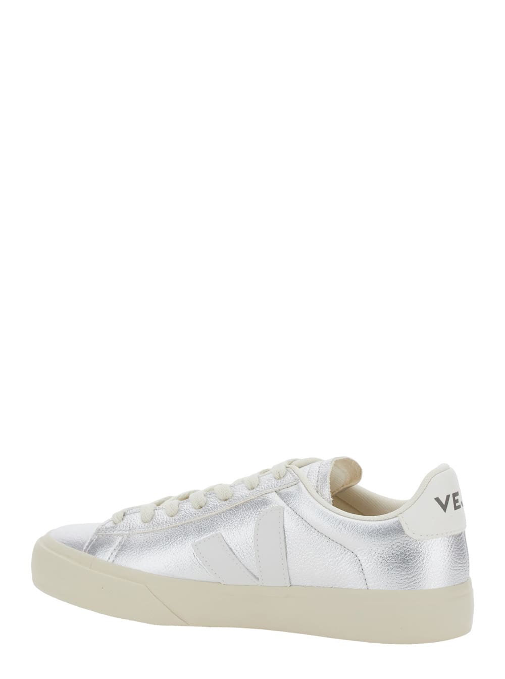 Veja Campo Metallic Low Top Sneakers With Logo Detail On The Side And Logo Lettering On The Heel In Leath In Silver