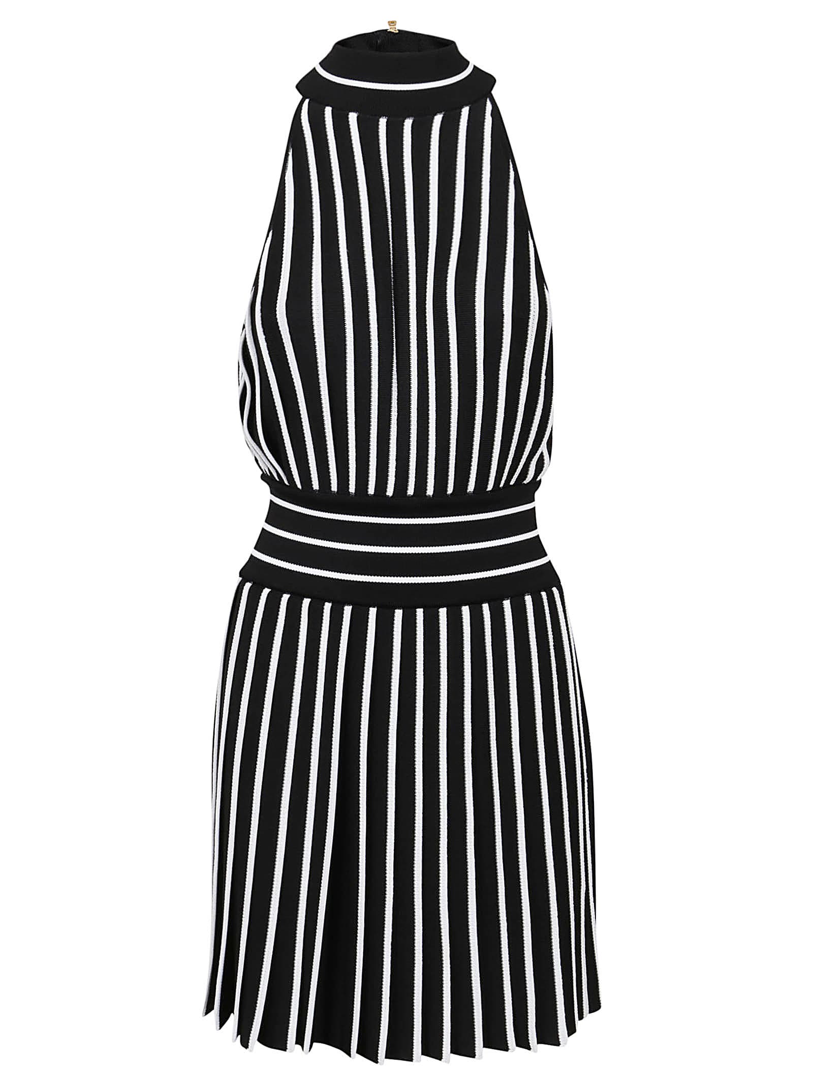 Balmain Short Sleeveless Striped Pleated Dress