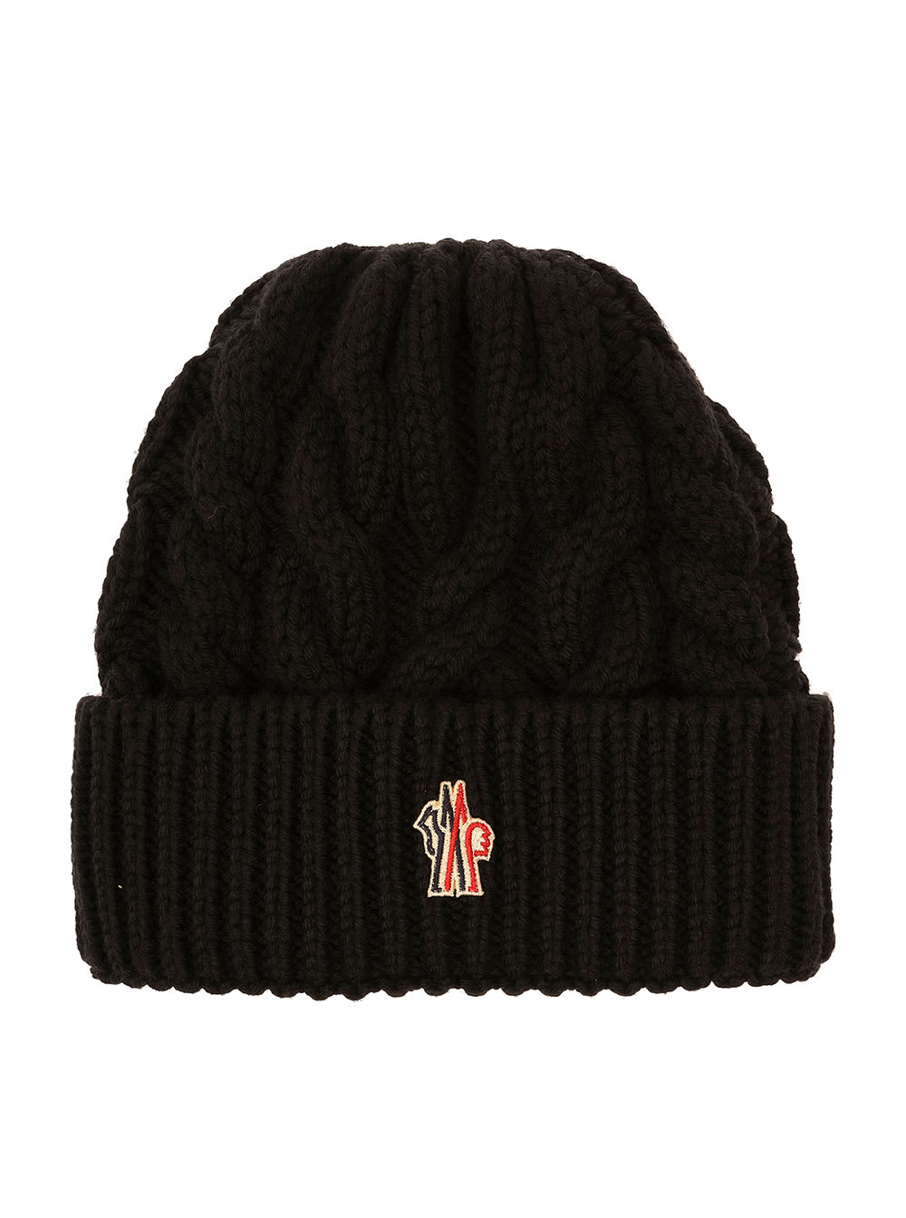 MONCLER BLACK CABLE-KNIT BEANIE WITH LOGO PATCH IN WOOL WOMAN