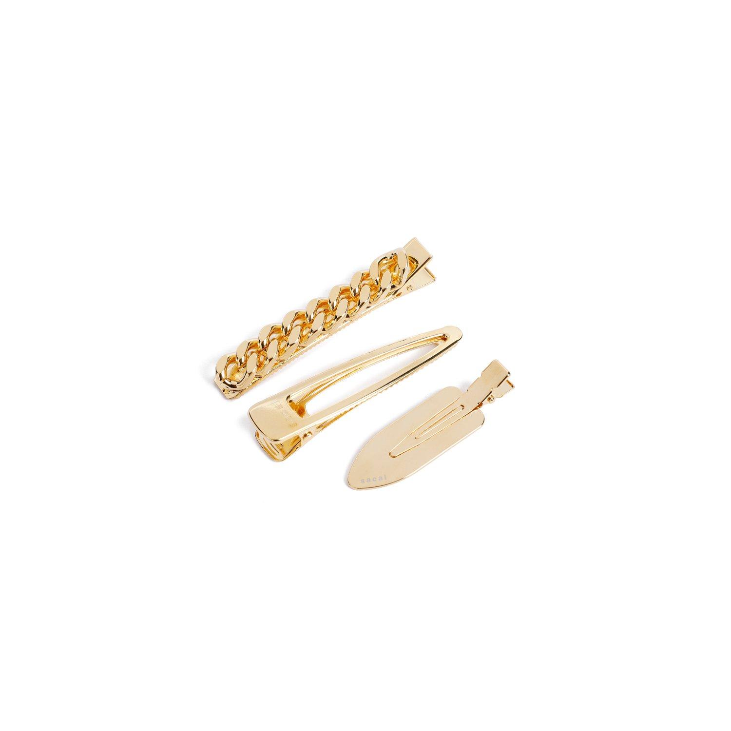 Shop Sacai Logo-engraved Set Of Three Hair Clips In Gold