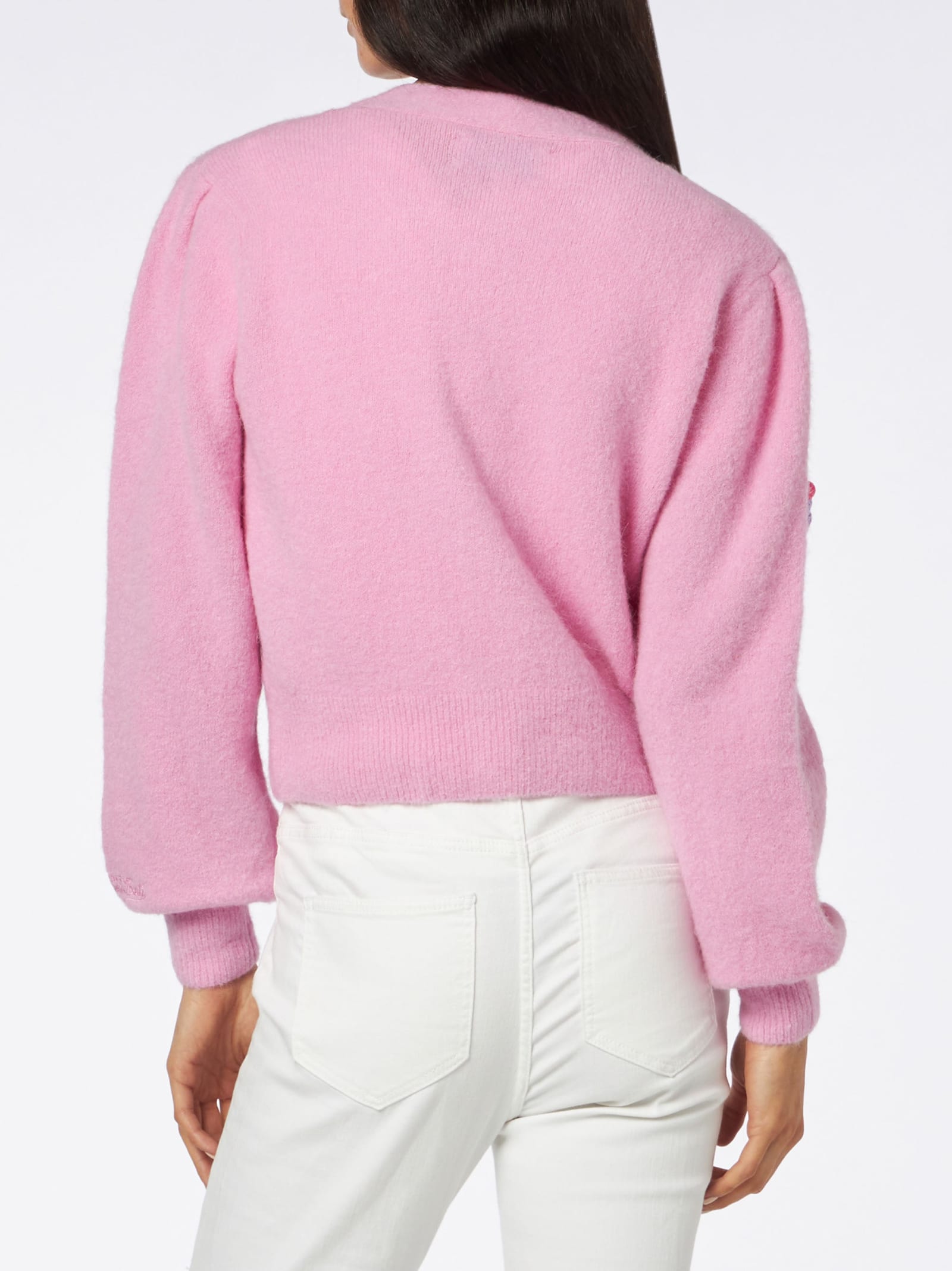 Shop Mc2 Saint Barth Woman Brushed Cropped Cardigan With Puff Sleeves In Pink