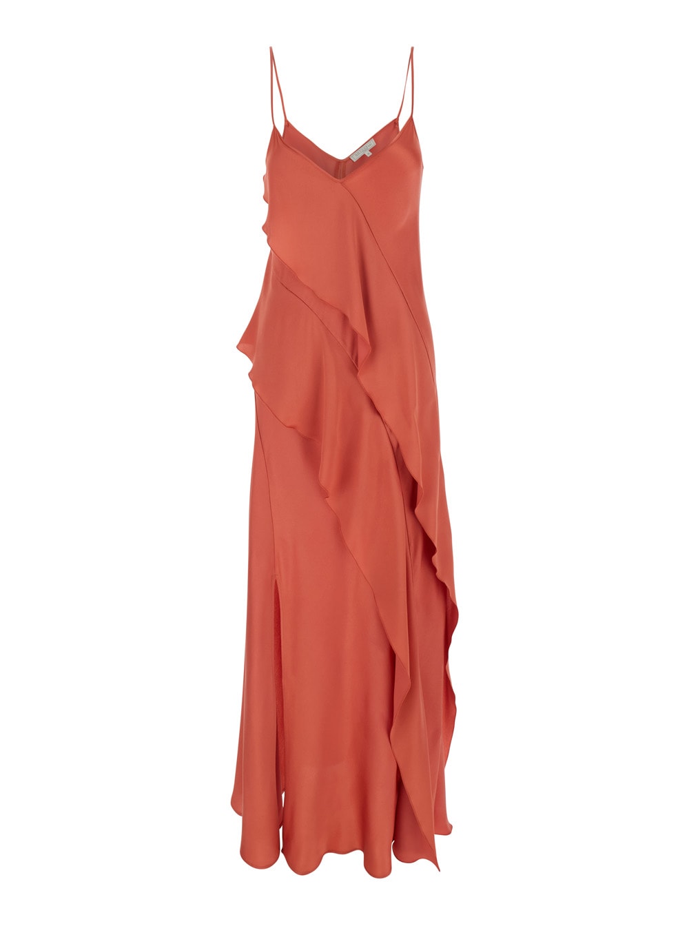 luisiana Red Dress With Spaghetti Straps And Front Ruffle In Satin Woman