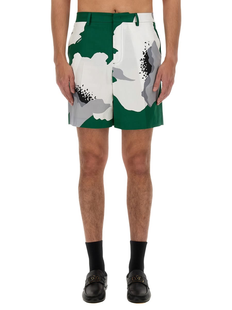 Shop Valentino Flower Portrait Print Bermuda Shorts In Green