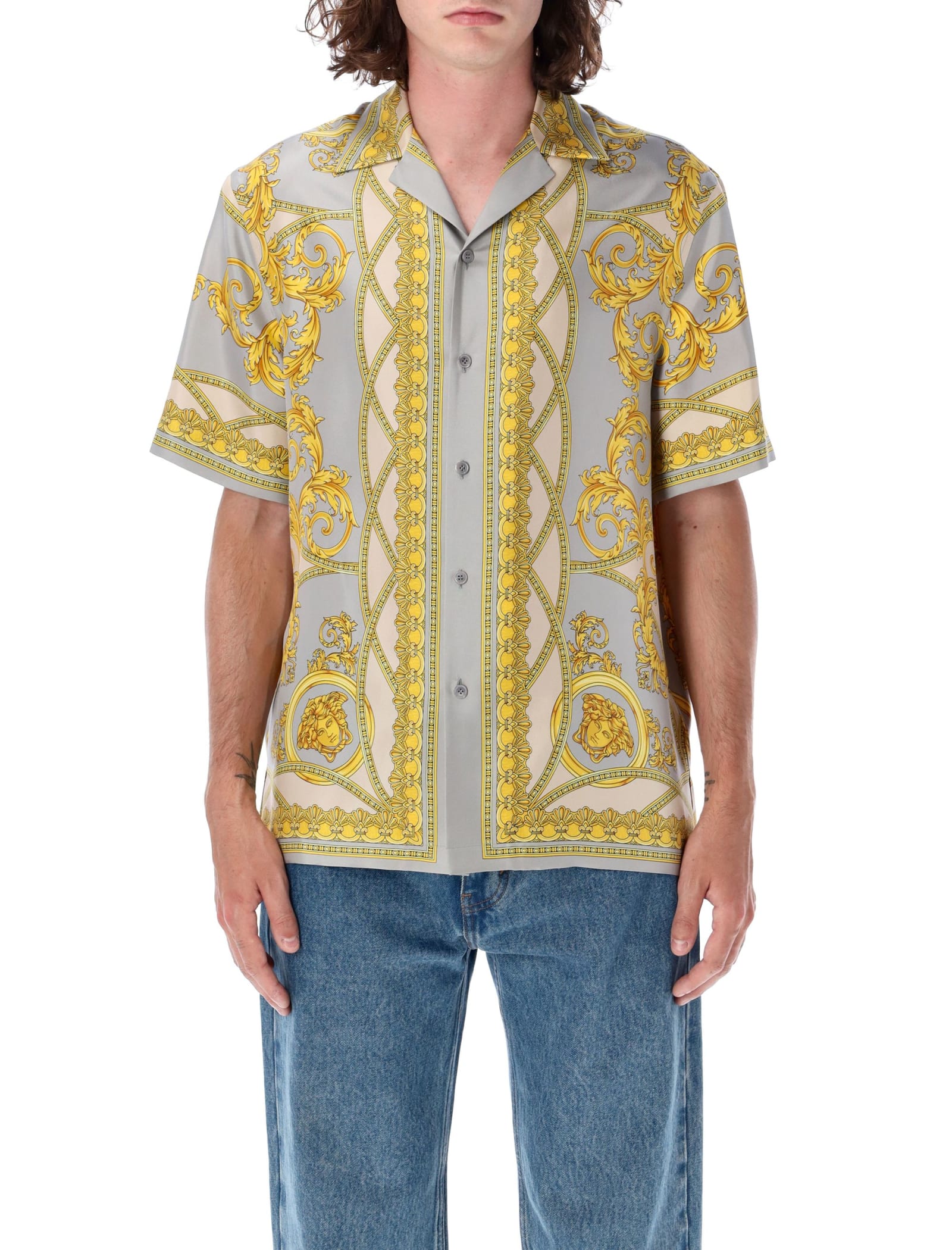 Shop Versace Baroque Coupe Des Dieux Bowling Shirt In Gold Bone