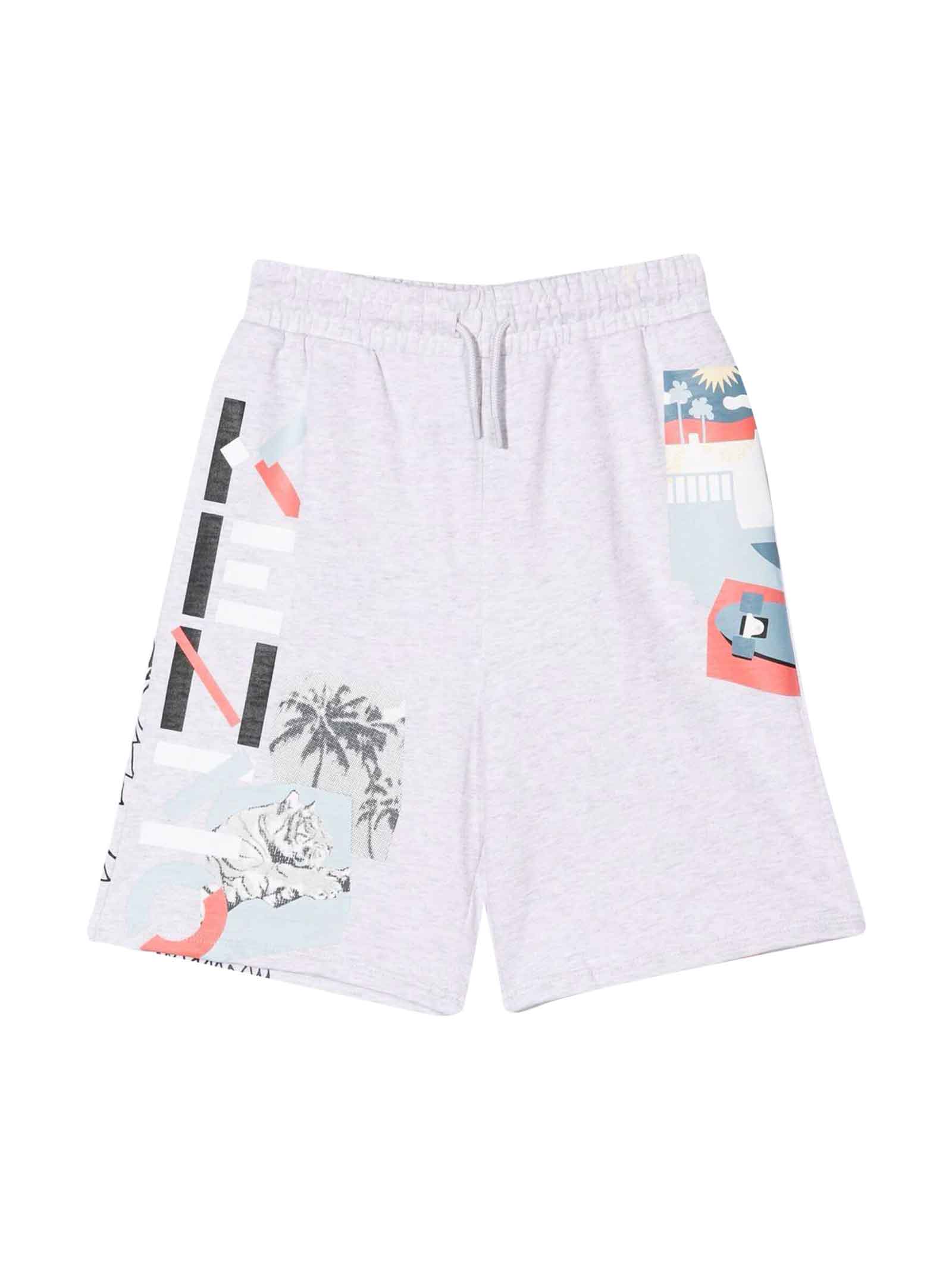 Kenzo Kids Boys Shorts Light Gray With Multicolor Logo Print On The Leg And Drawstring At The Elasticated Waist By.
