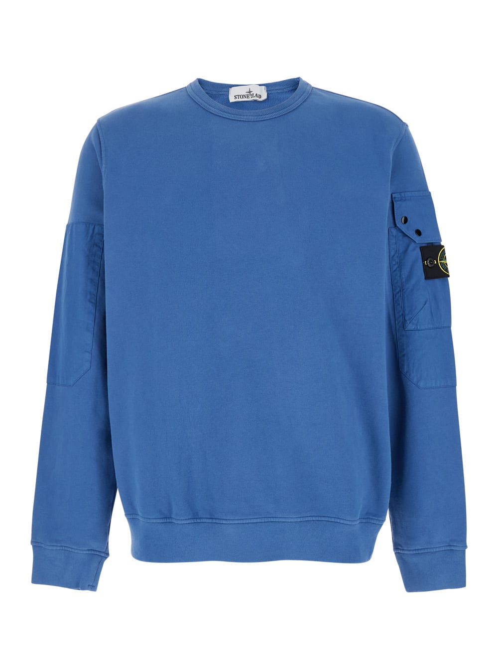 Shop Stone Island Blue Crewneck Sweater With Patch Pocket In Cotton Man