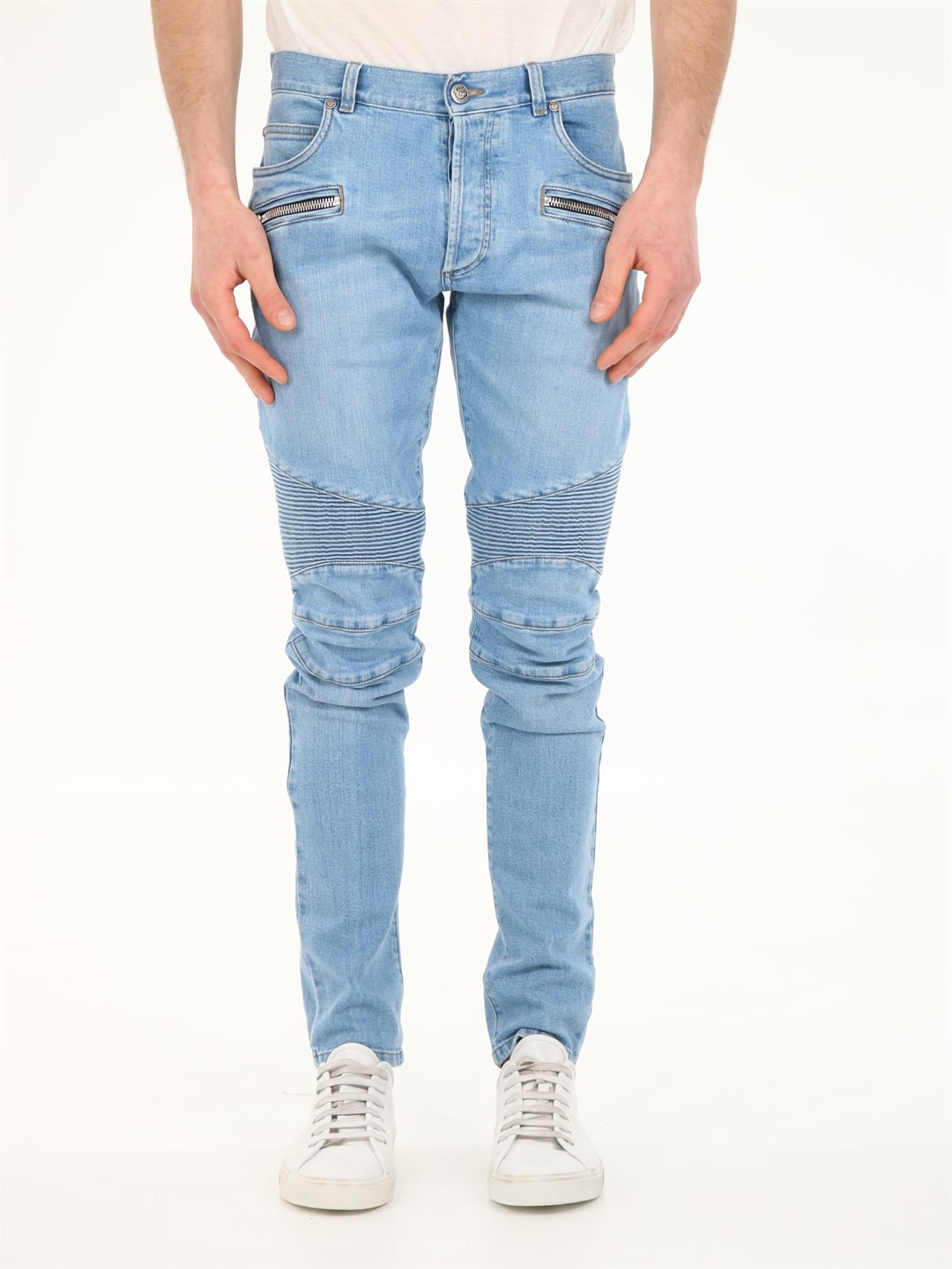 Balmain Slim Blue Cotton Jeans With Balmain Monogram