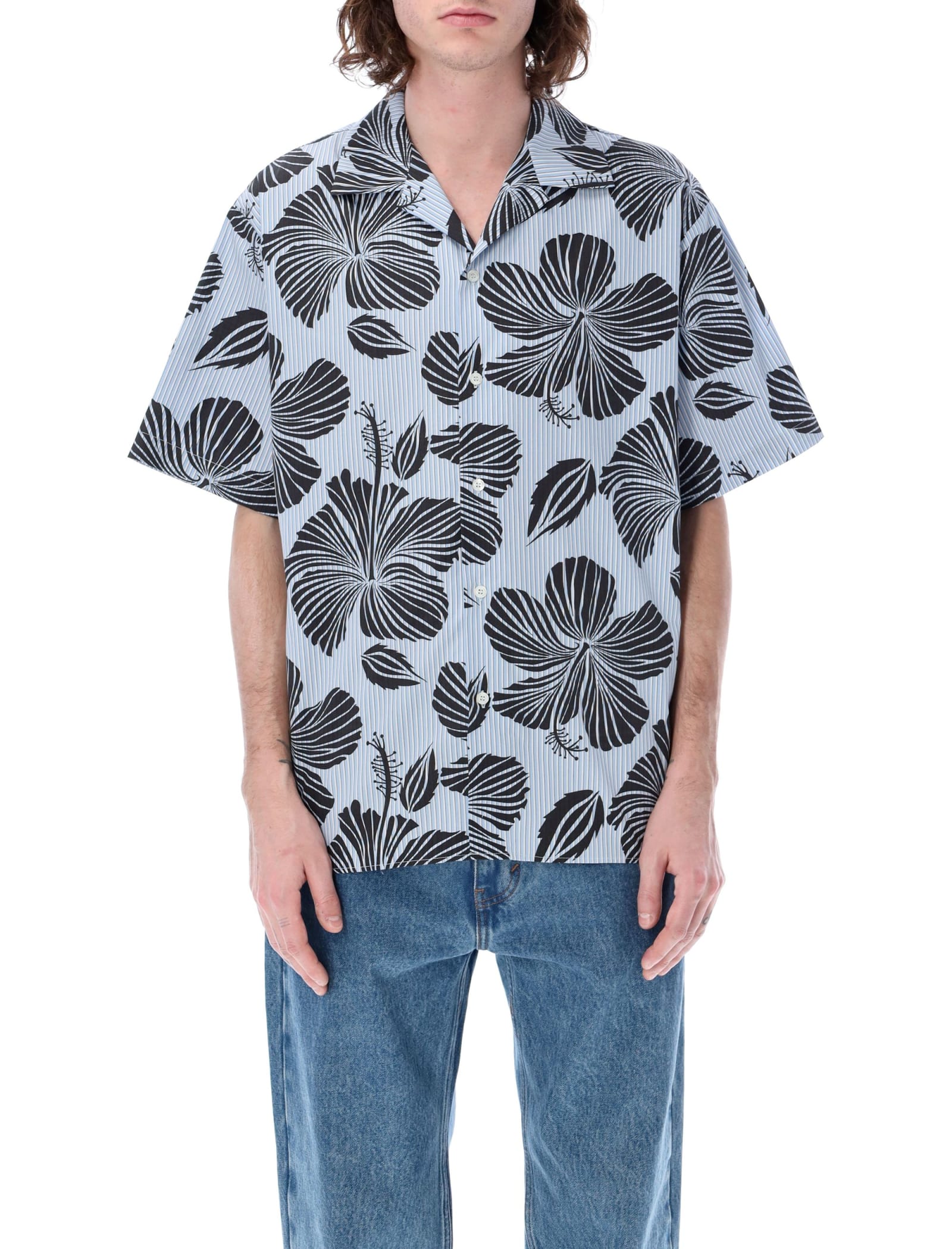 Msgm Hibiscus Print Abowling Shirt In Light Blue Print