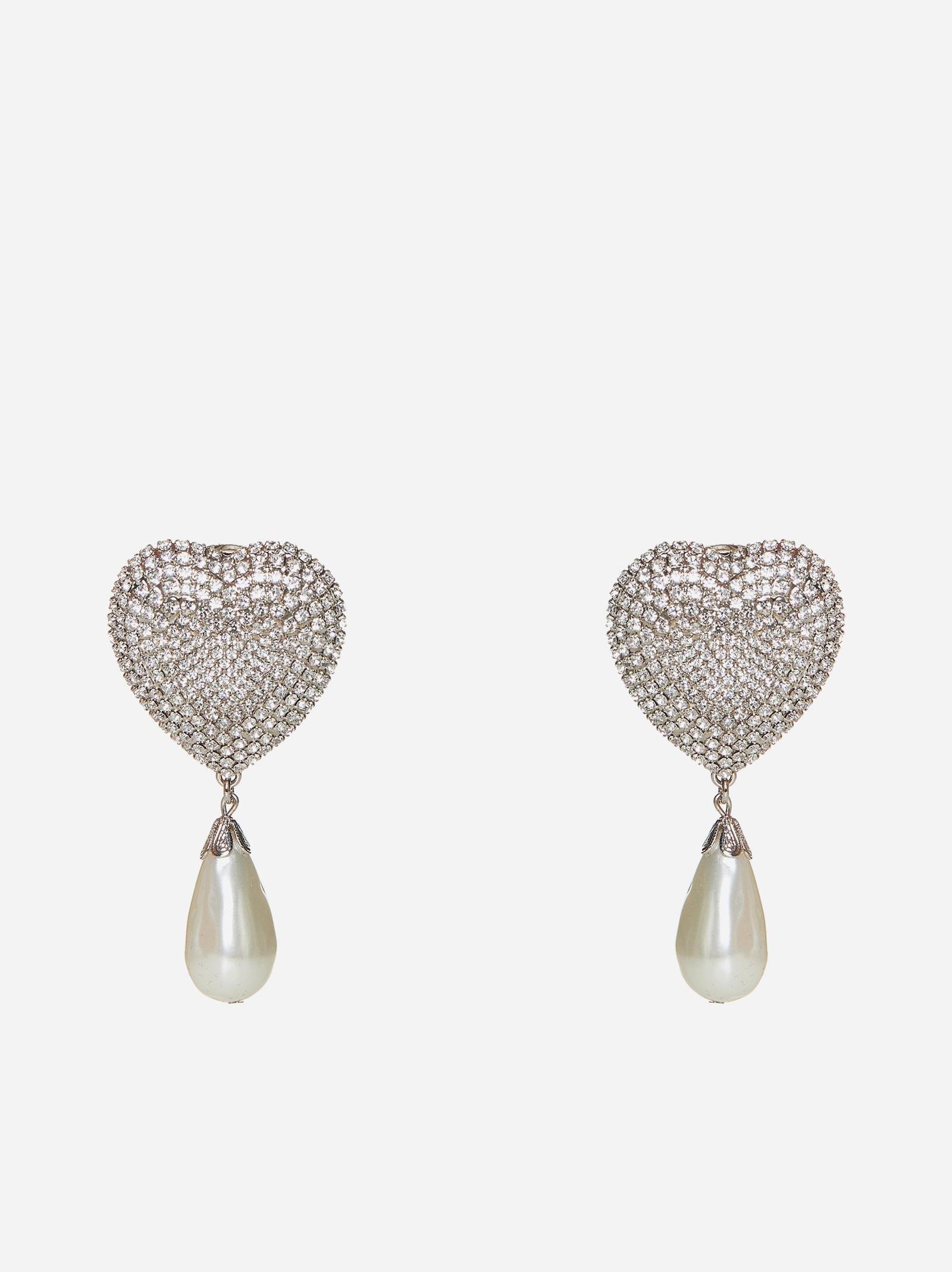 Shop Alessandra Rich Heart Crystals And Pearl Earrings In Silver