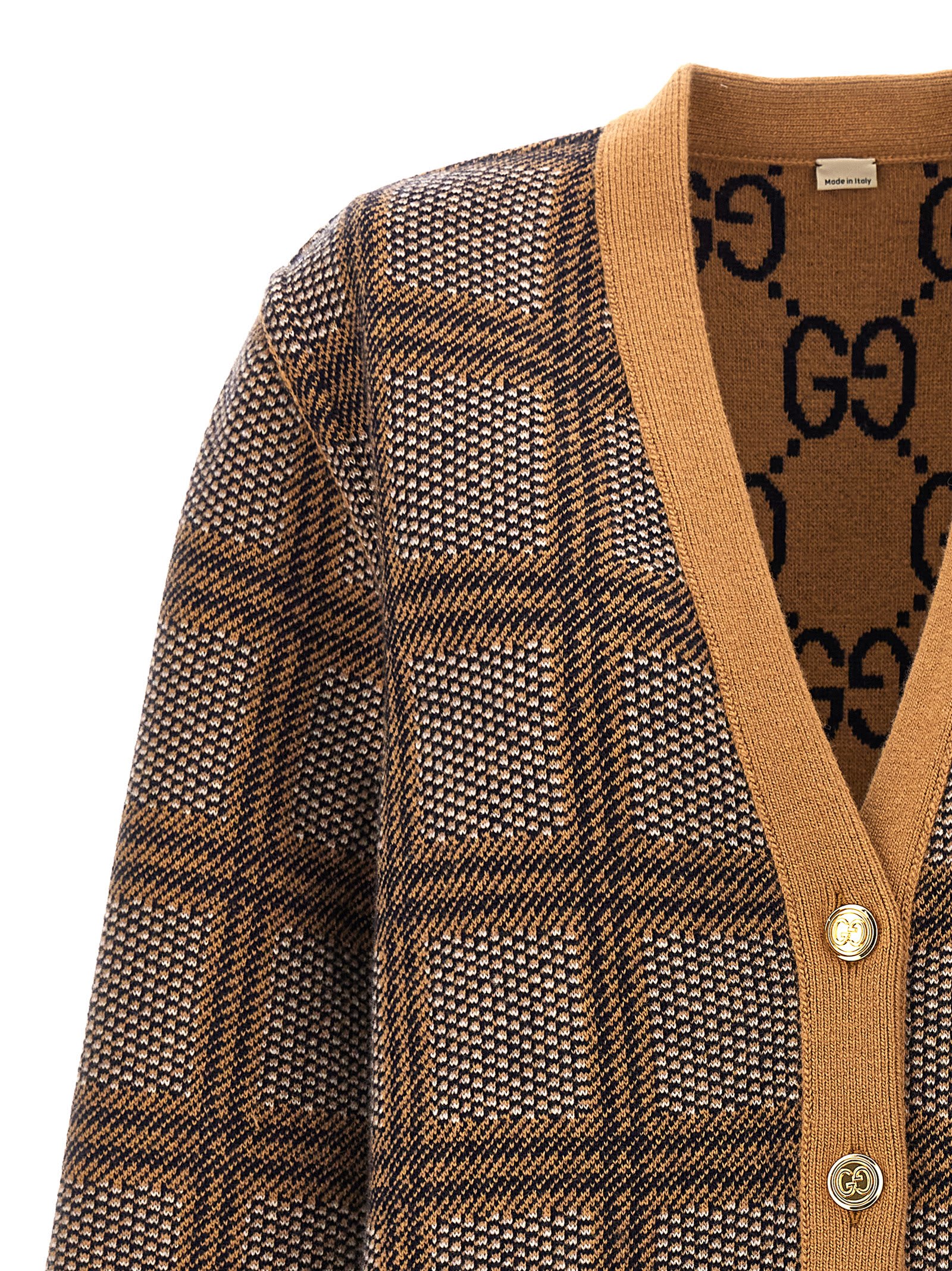Shop Gucci Check And Gg Reversible Cardigan In Beige