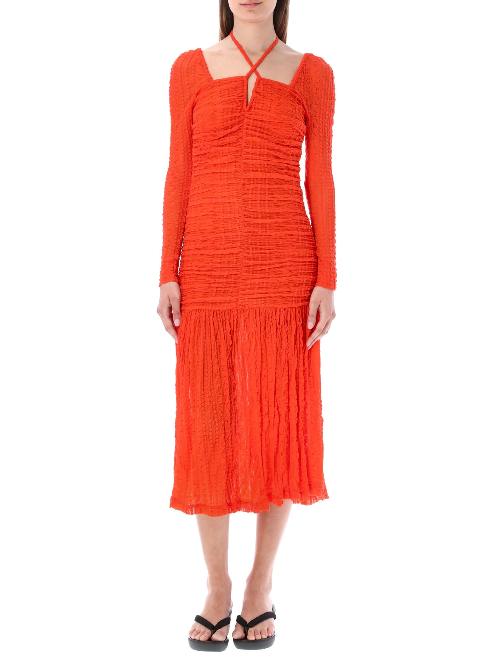 Ganni Textured Ruched Jersey Midi Dress In Orange