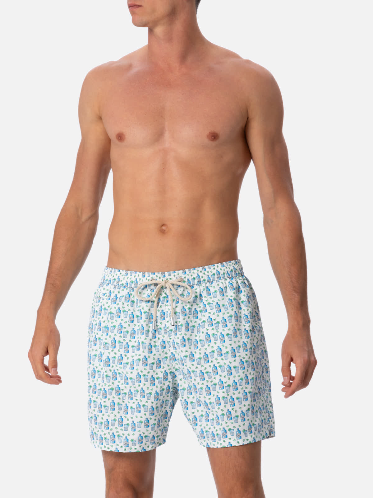 Mc2 Saint Barth Man Lightweight Fabric Swim-shorts Lighting Micro Fantasy With Gin Tonic Print In White