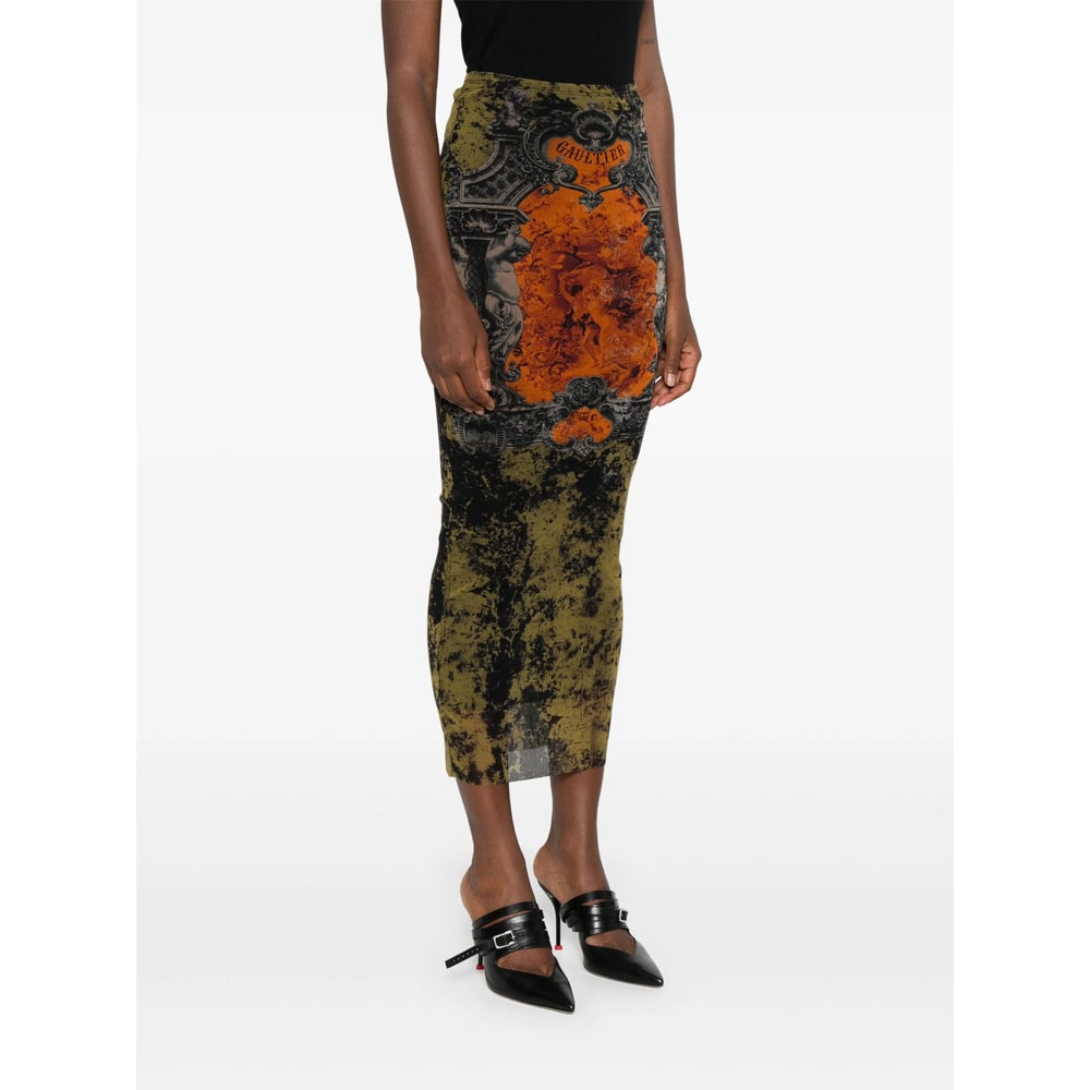 Jean Paul Gaultier Mesh Skirt With Graphic Print Overlay In Multi