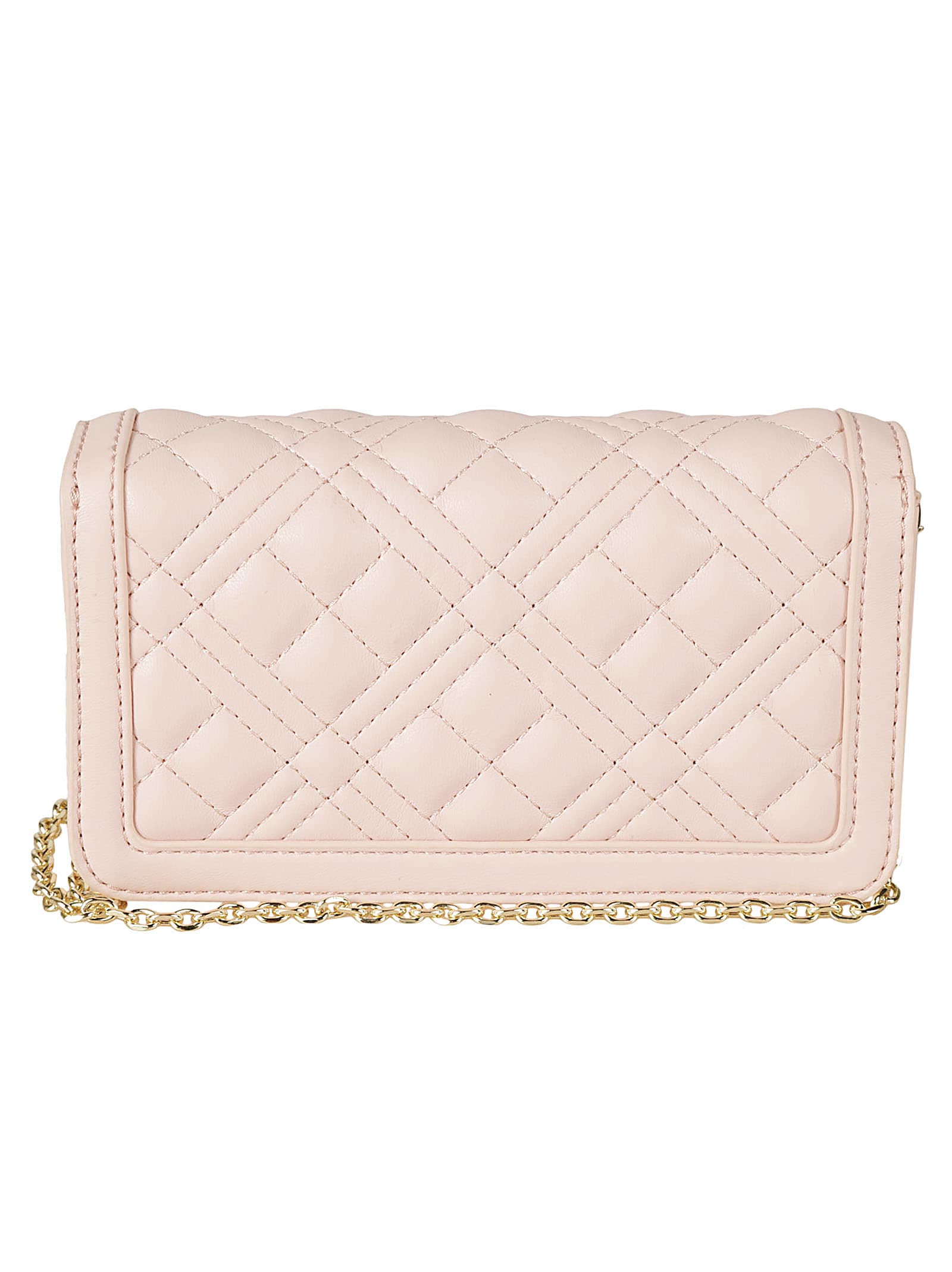 Shop Love Moschino Logo Plaque Quilted Shoulder Bag In Cipria