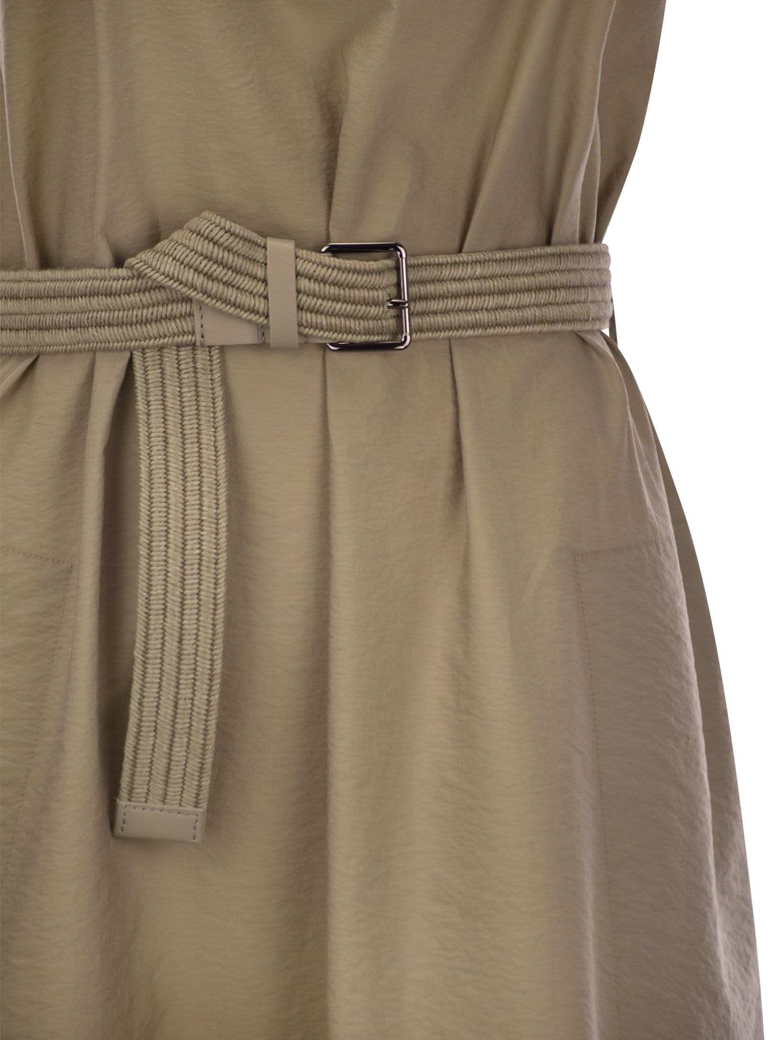 Shop Brunello Cucinelli Techno Cotton Poplin Dress With Belt And Precious Shoulder Detail In Beige