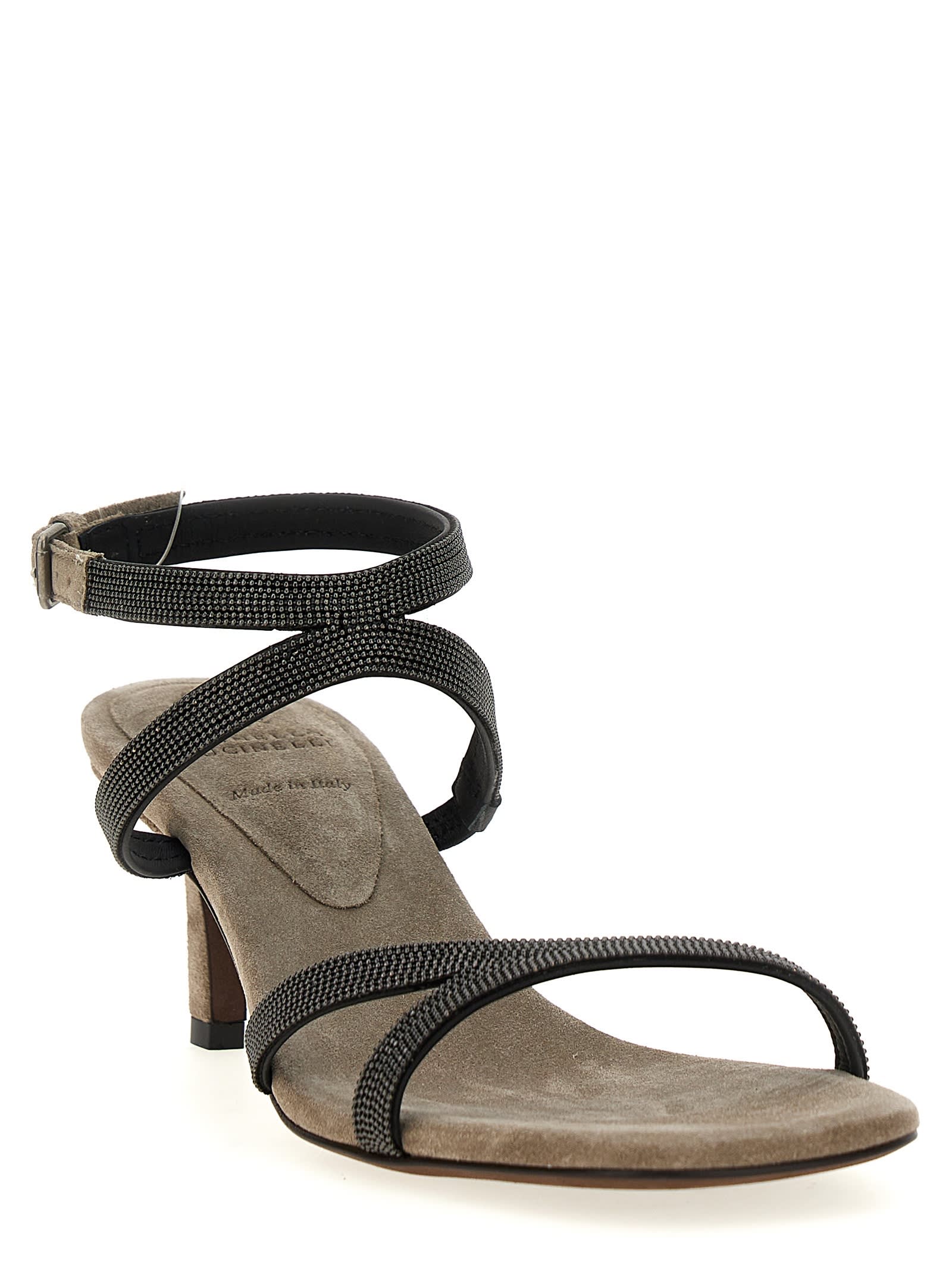 Brunello Cucinelli Sandal City Grey With Precious Straps In Black