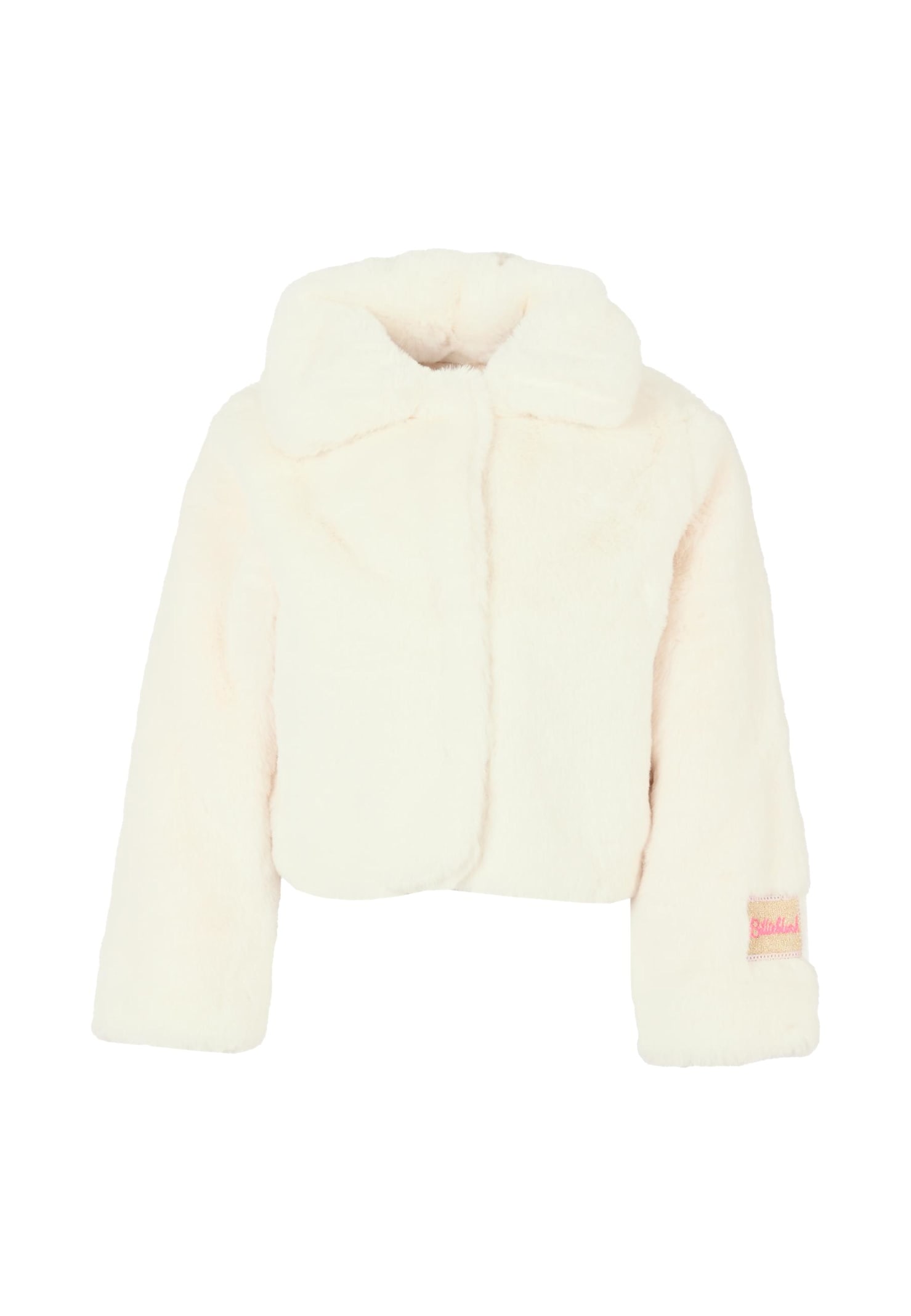 Billieblush Ivory Faux Fur Coat For Girl With Patch In White