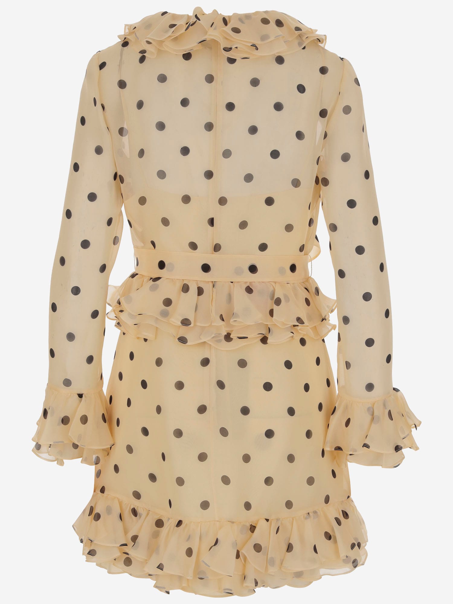 Valentino Belted Ruffled Polka-dot Wool And Silk-blend Mini Dress In Avorionero