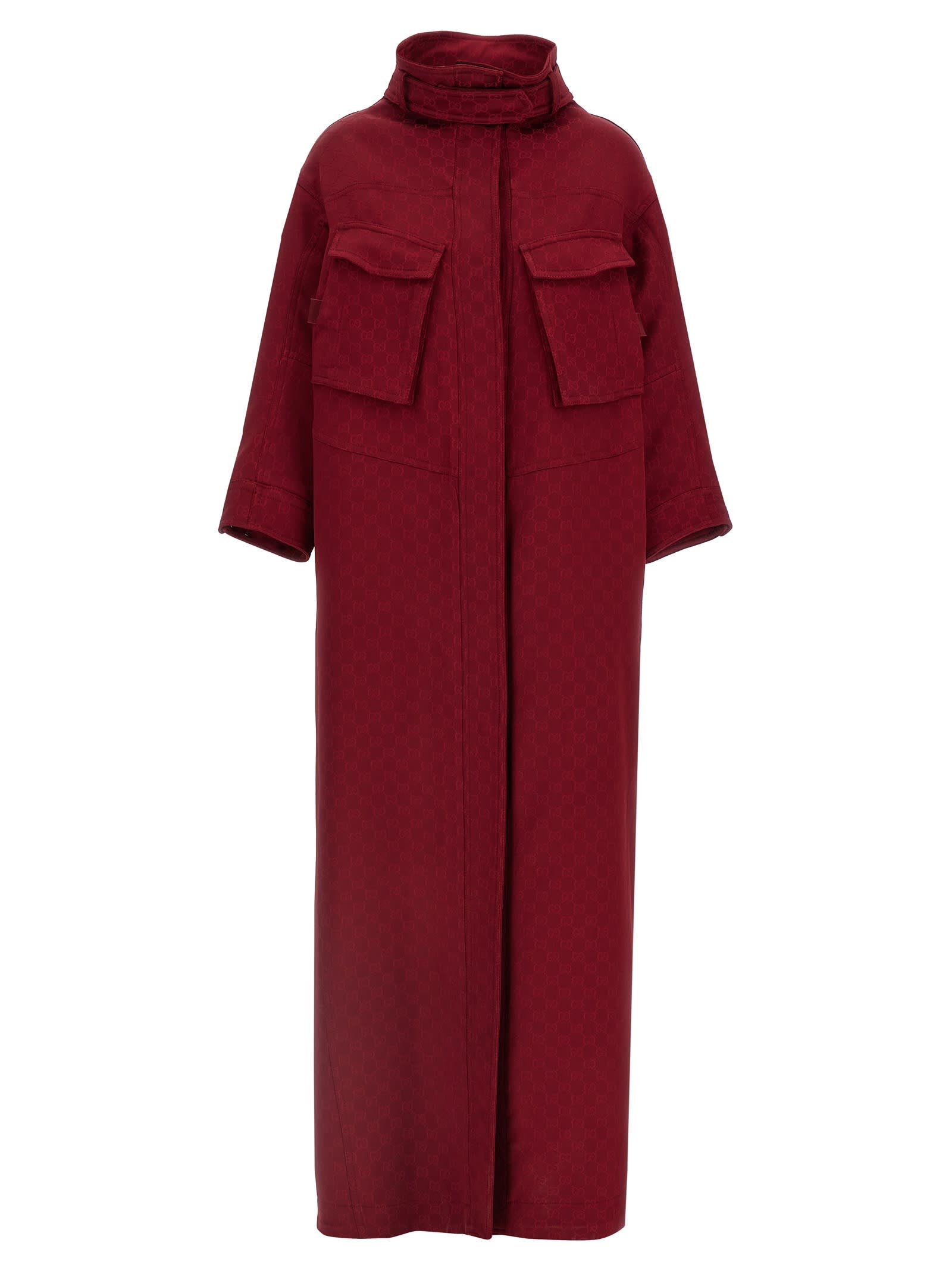 Gucci Bordeaux Coat With Adjustable Stand-up Collar And Drawstring Waist In Gg Canvas Woman In Red