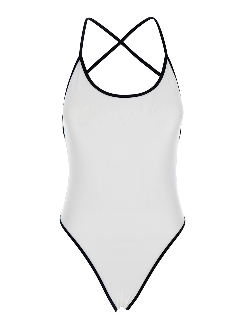 White Costume With Crossed Straps And Lettering Logo In Tech Fabric Woman