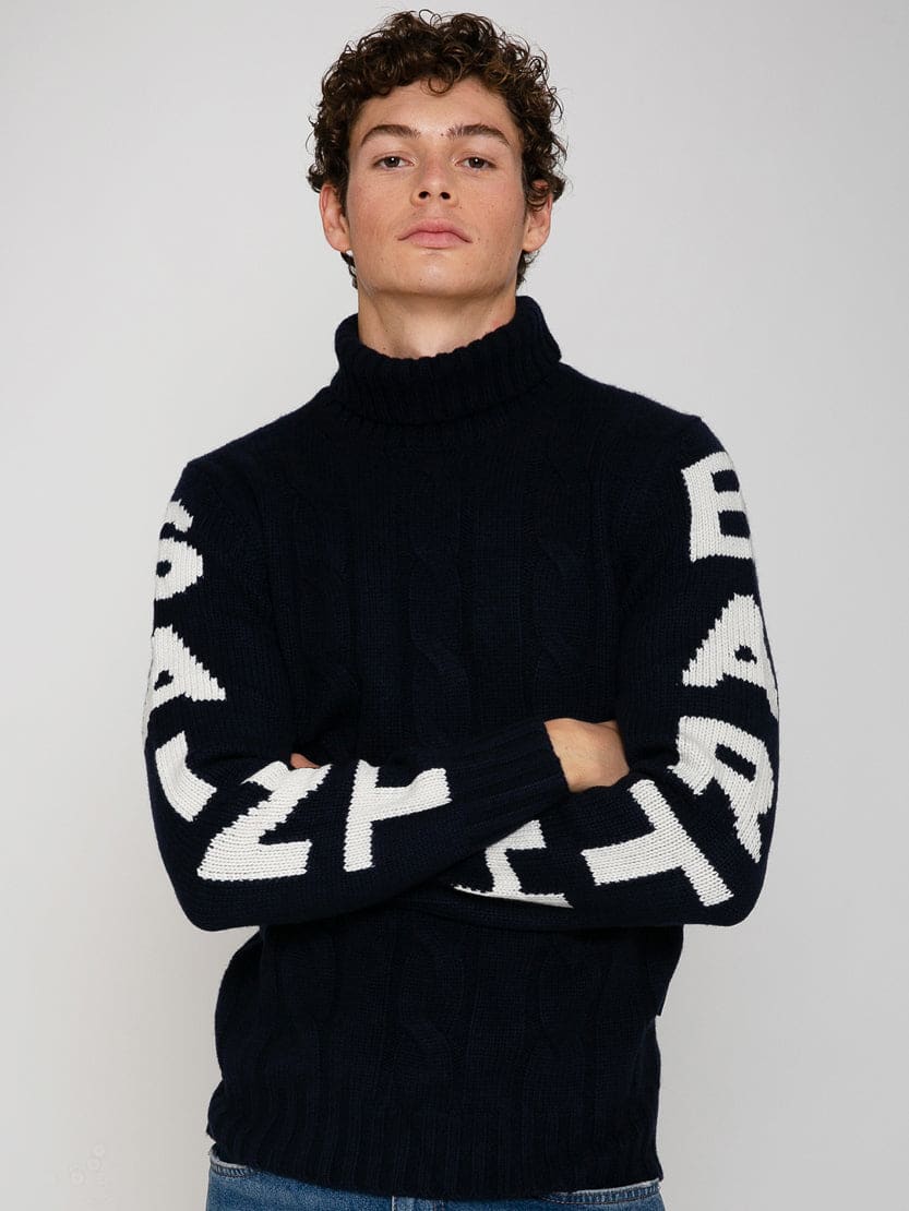 Mc2 Saint Barth Man Navy Blue Cable Knit Sweater Fisherman With Saint Barth Jacquard In Blue