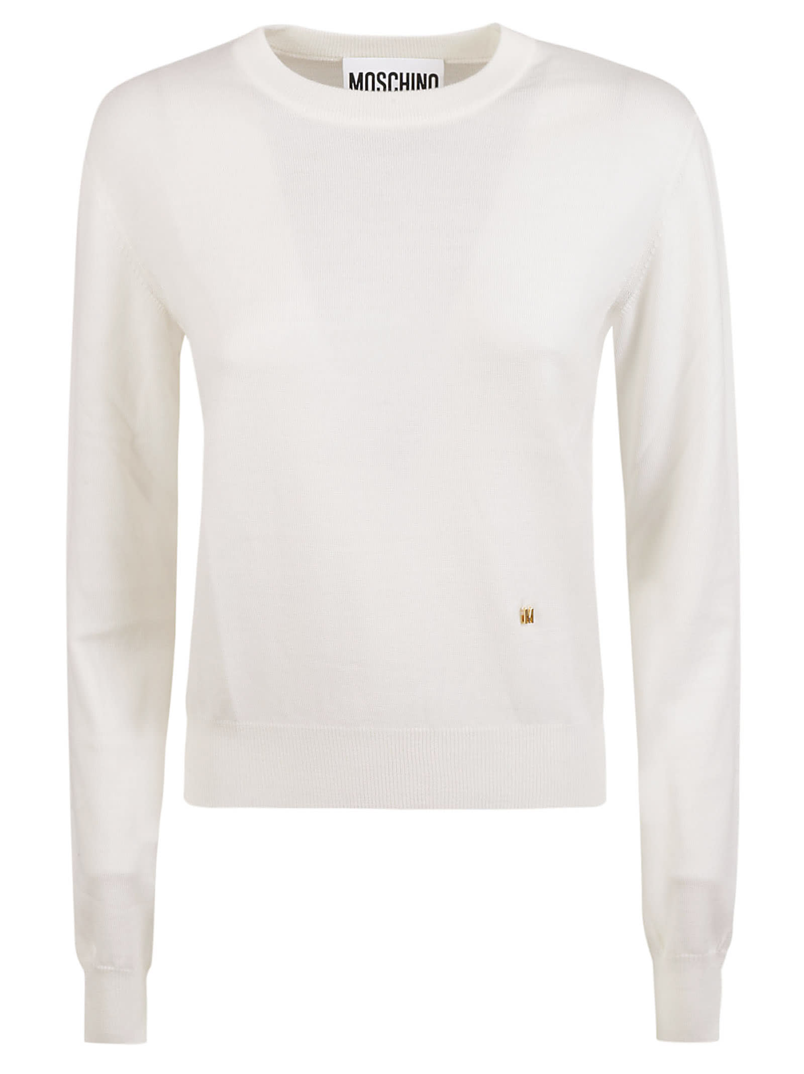 Shop Moschino Logo Pin Classic Knit Sweatshirt In White