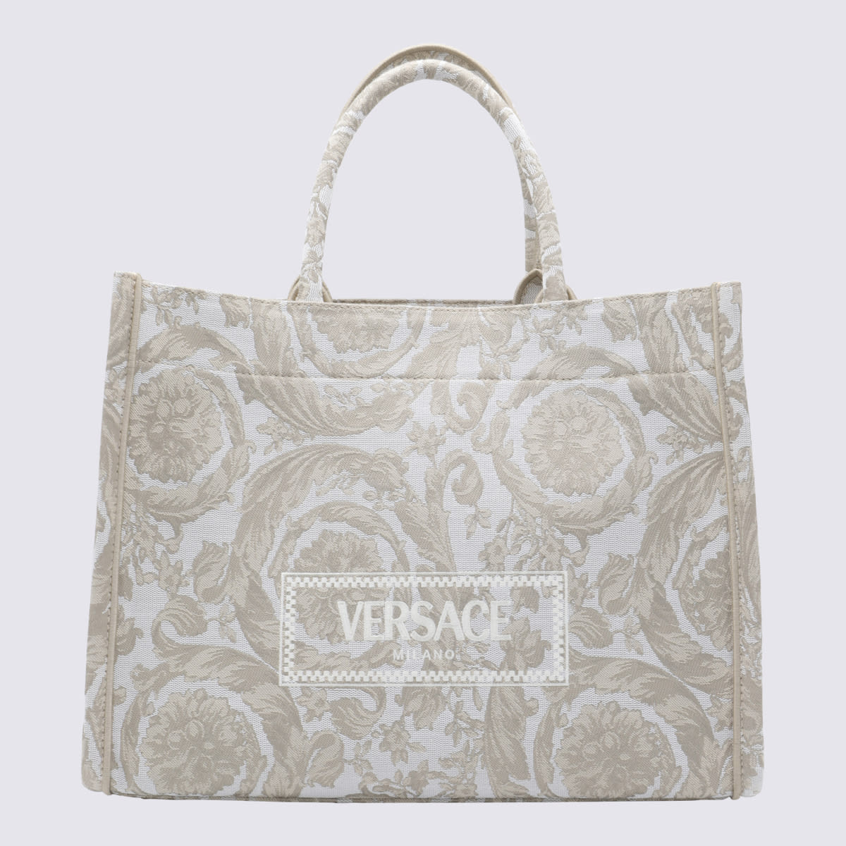 VERSACE BEIGE AND WHITE CANVAS ATHENA HANDLE BAG