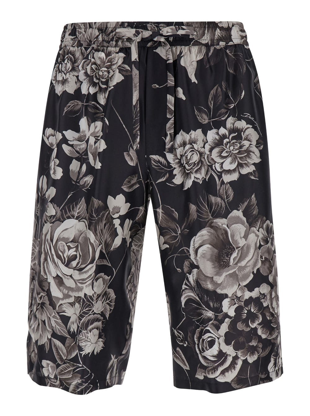 Shop Dolce & Gabbana Black And White Bermuda Short With Flower Print In Silk Twill Man