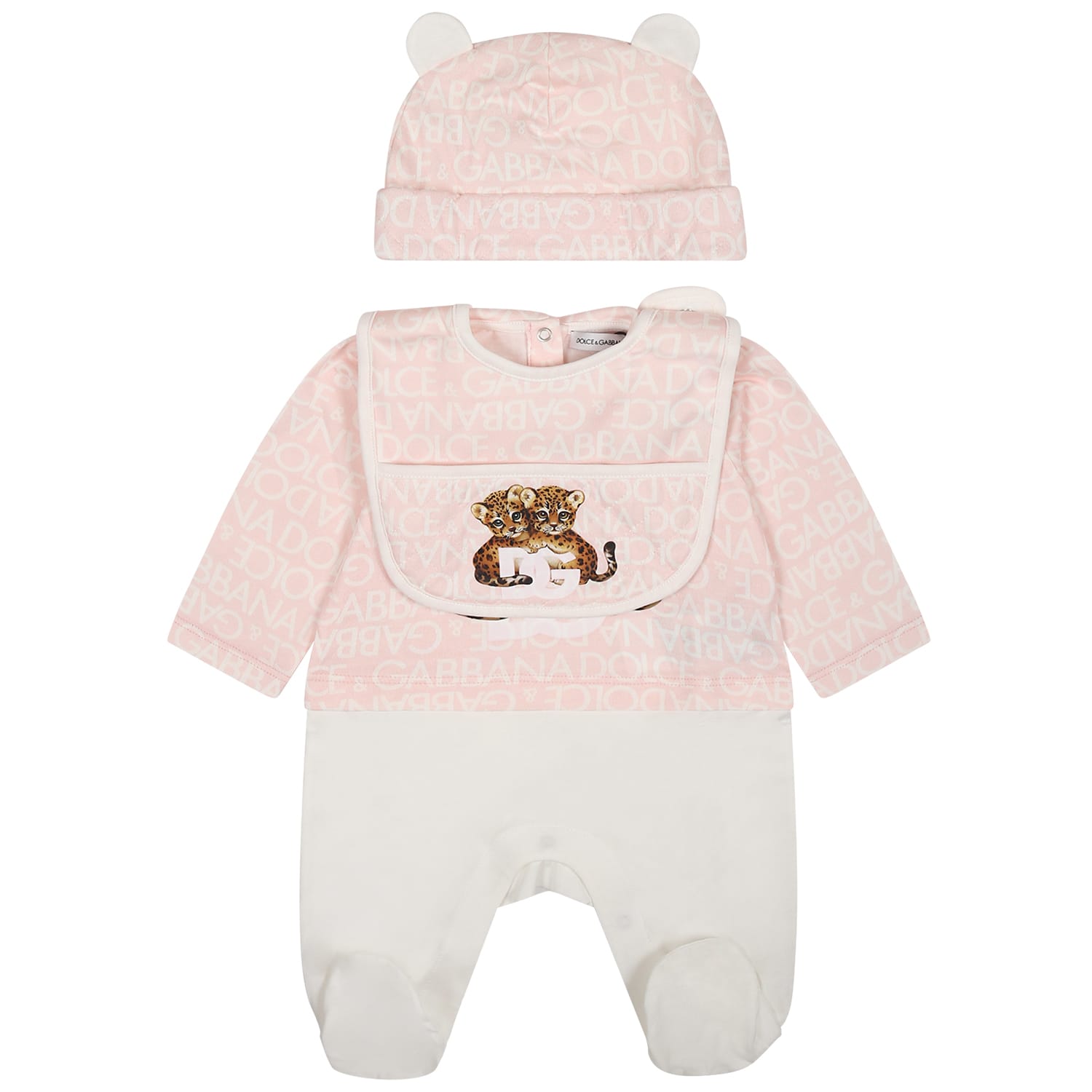 Dolce & Gabbana Pink Set For Baby Girl With Logo And Leoaprds