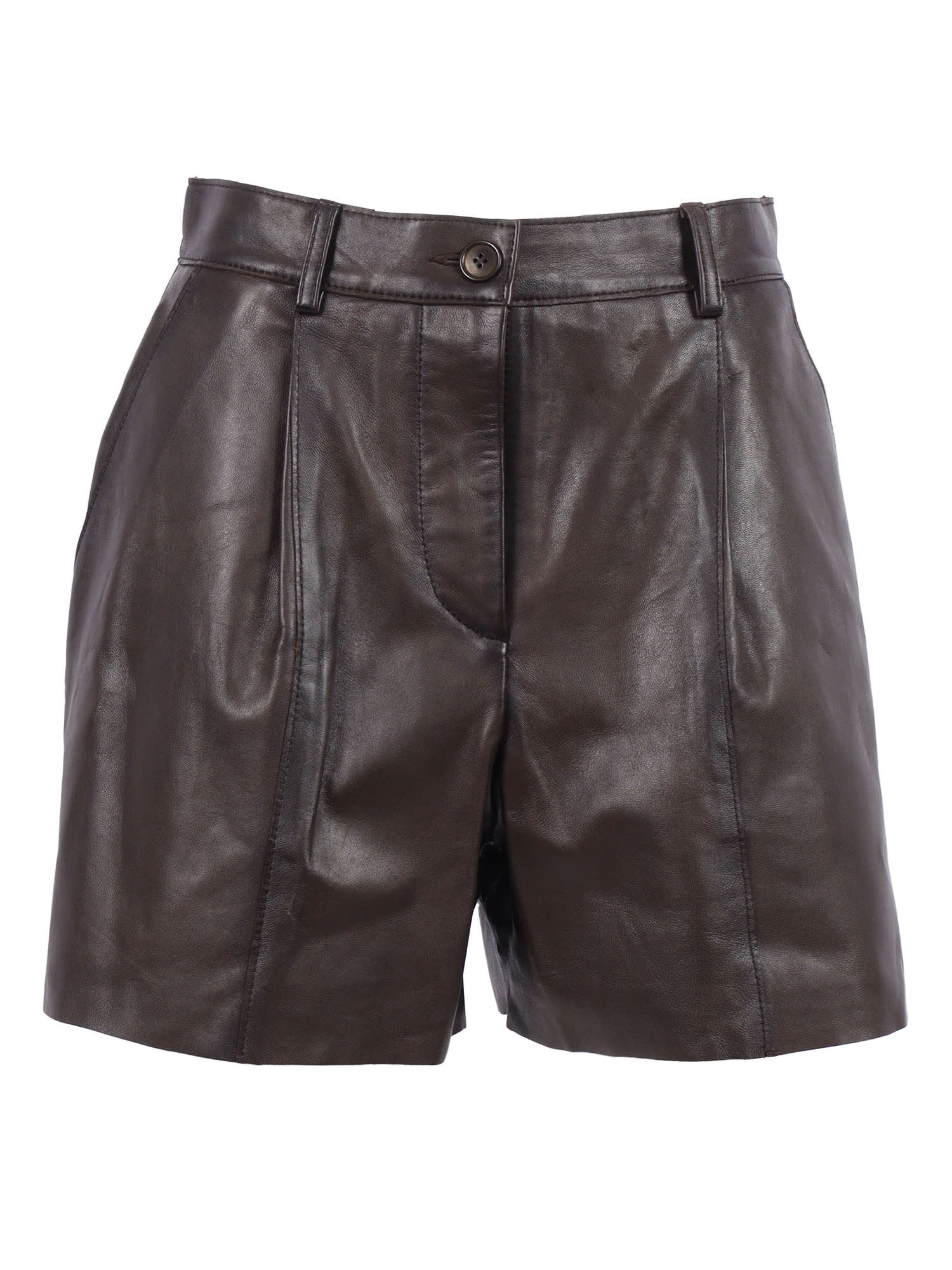 P.a.r.o.s.h Pleated Leather Bermuda Shorts In Brown