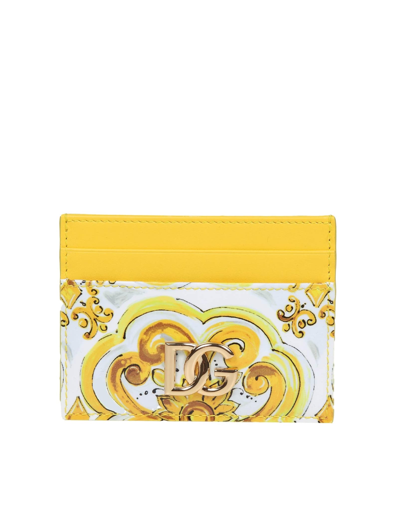 Shop Dolce & Gabbana Polished Leather Card Holder With Maiolica Print In Yellow