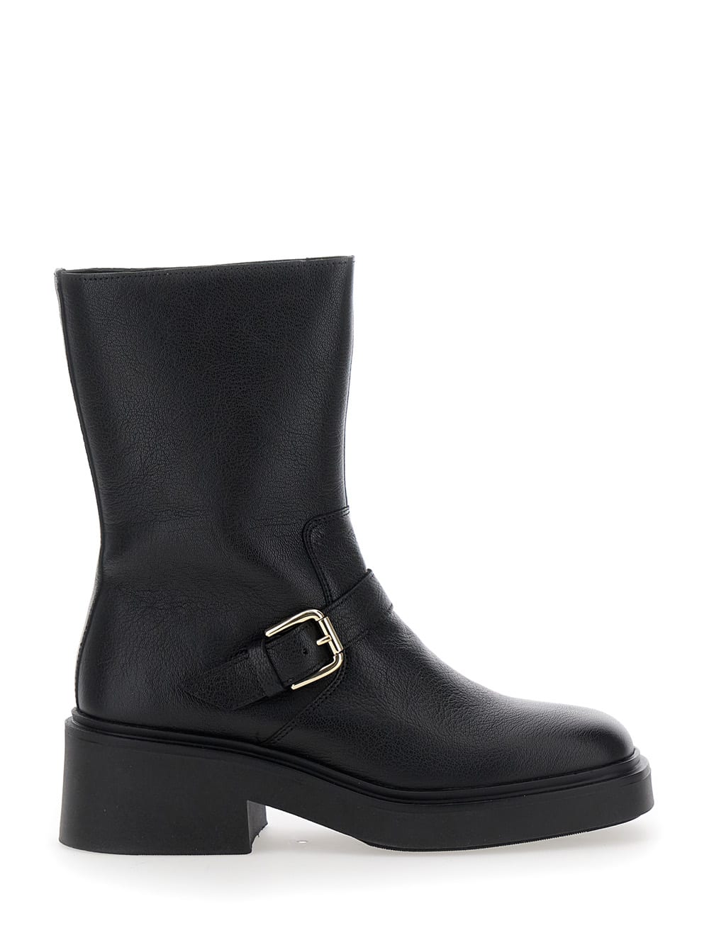 Shop Pollini Black Boots With Decorative Buckle In Leather Woman