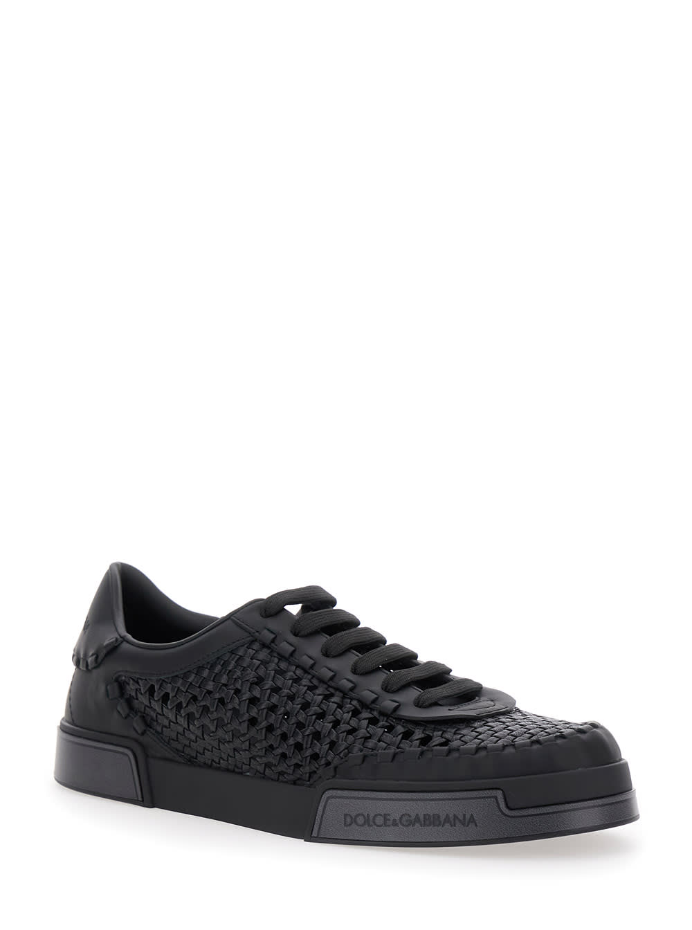 Dolce & Gabbana Round Toe Leather Low Top Sneakers In Black