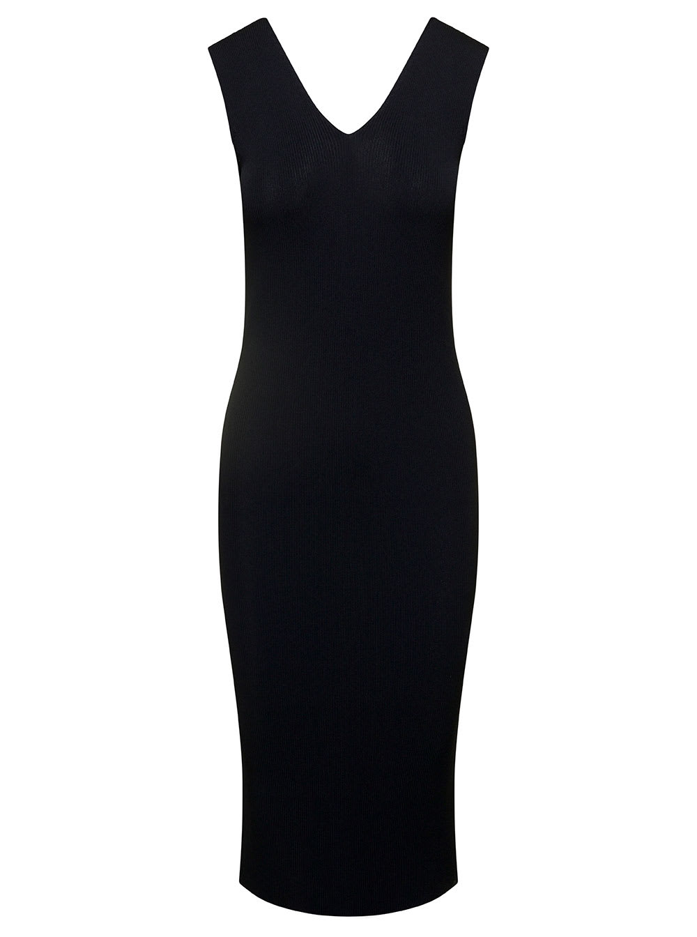 Moncler Mini Black Sleeveless Knit Dress With Logo Pstch In Viscose Blend Woman