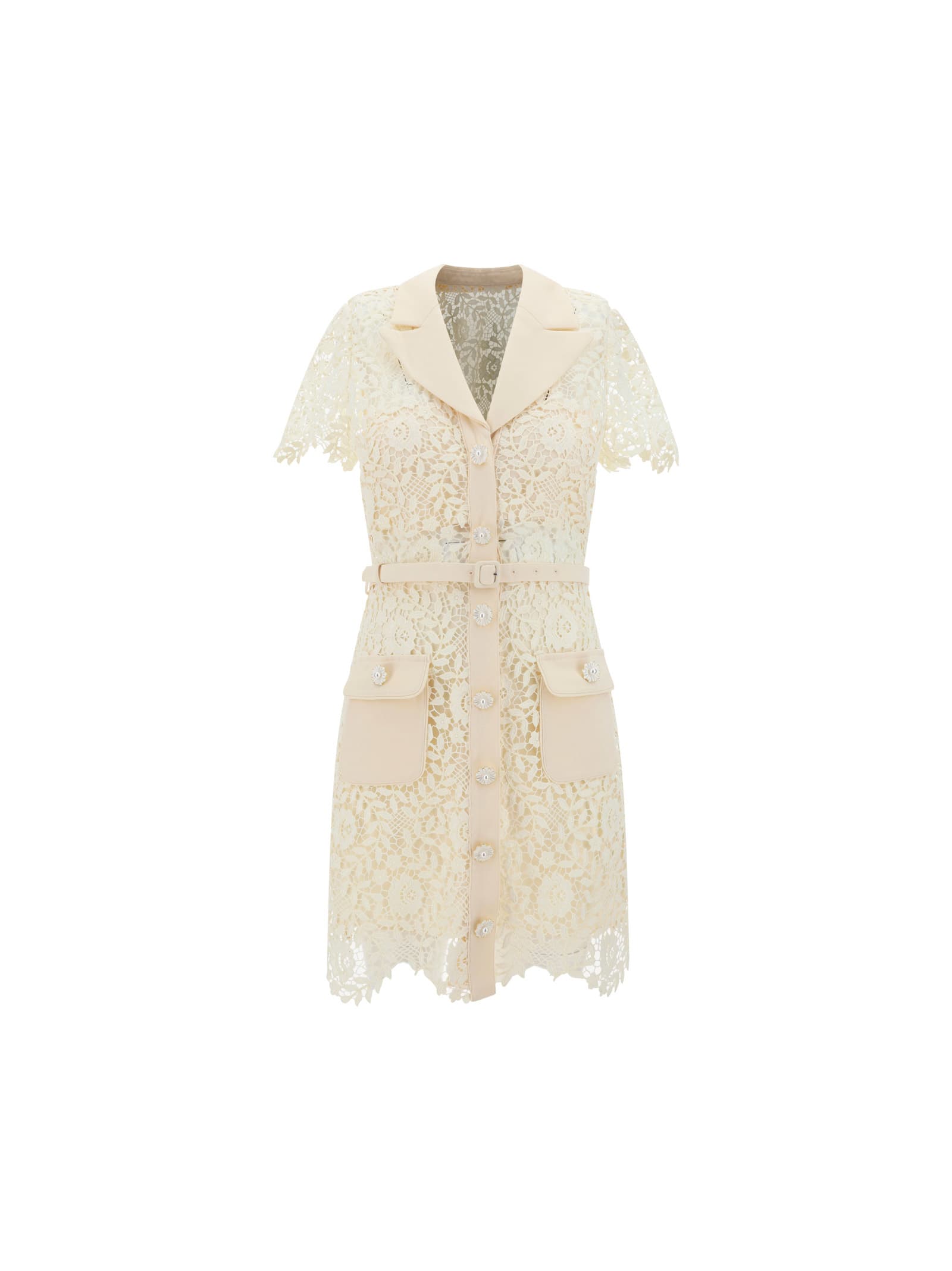 Self-portrait Lace Belted Mini Dress In Cream