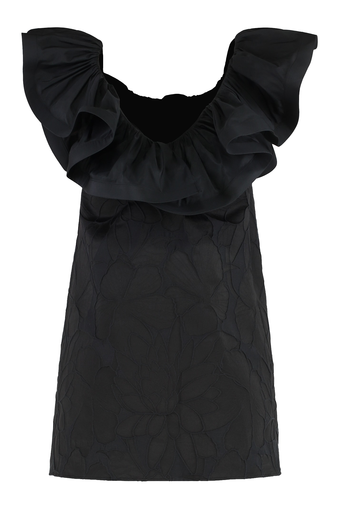 Elisabetta Franchi Ruffled Neckline Mini Jacquard Dress In Black