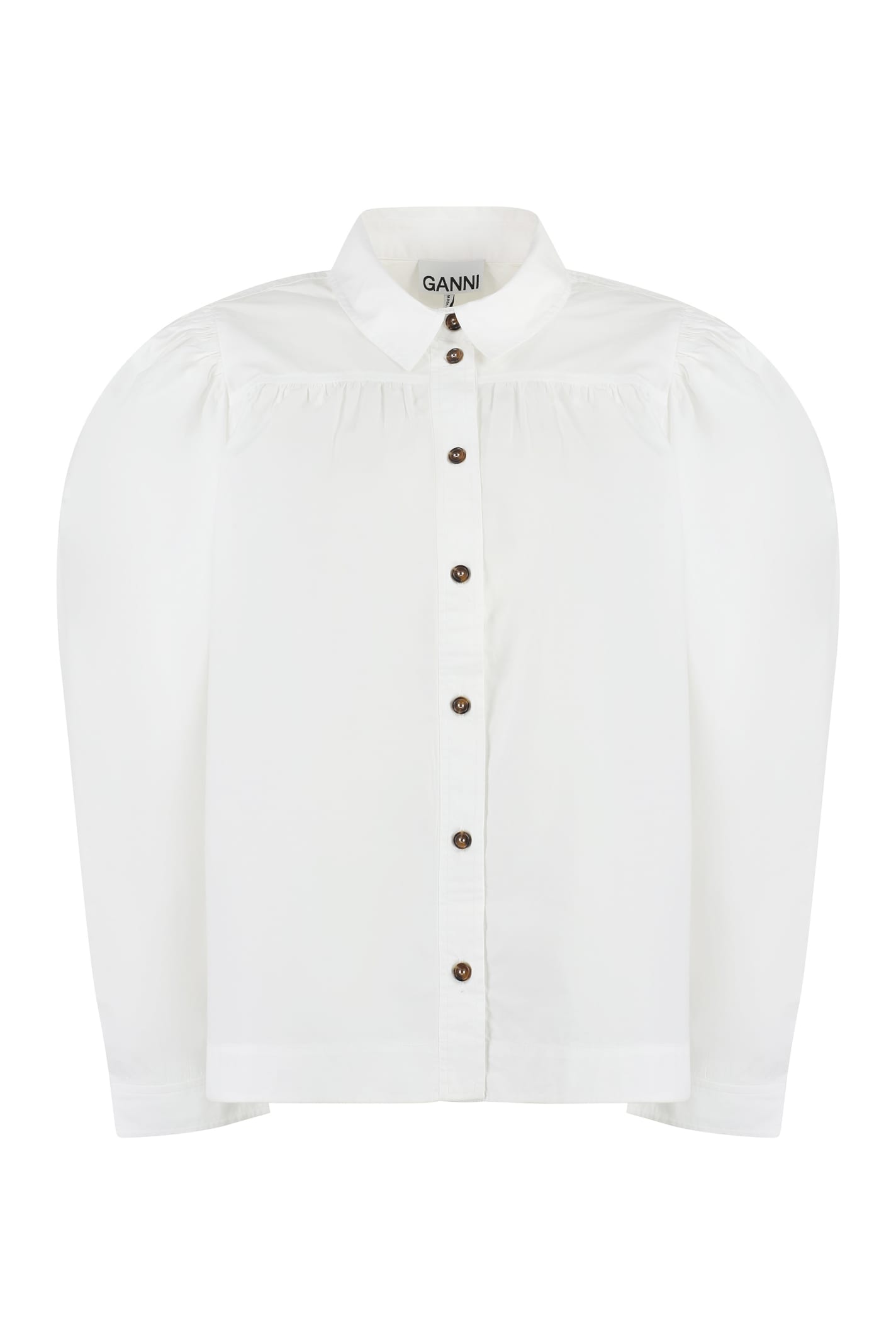 Shop Ganni Long Sleeve Cotton Shirt In White