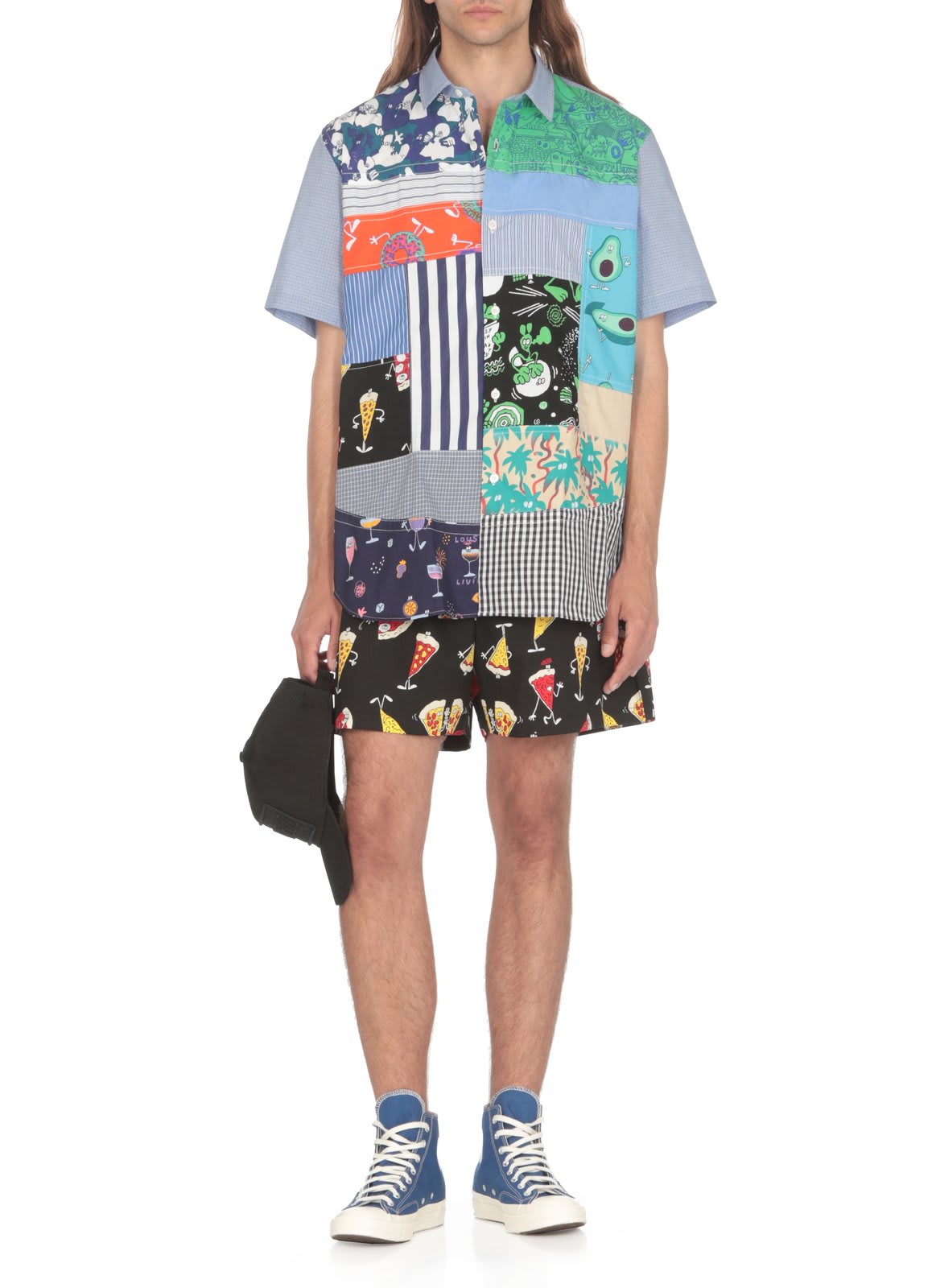 Shop Junya Watanabe Graphic-printed Elasticated Waistband Shorts In Bk/yl/rd