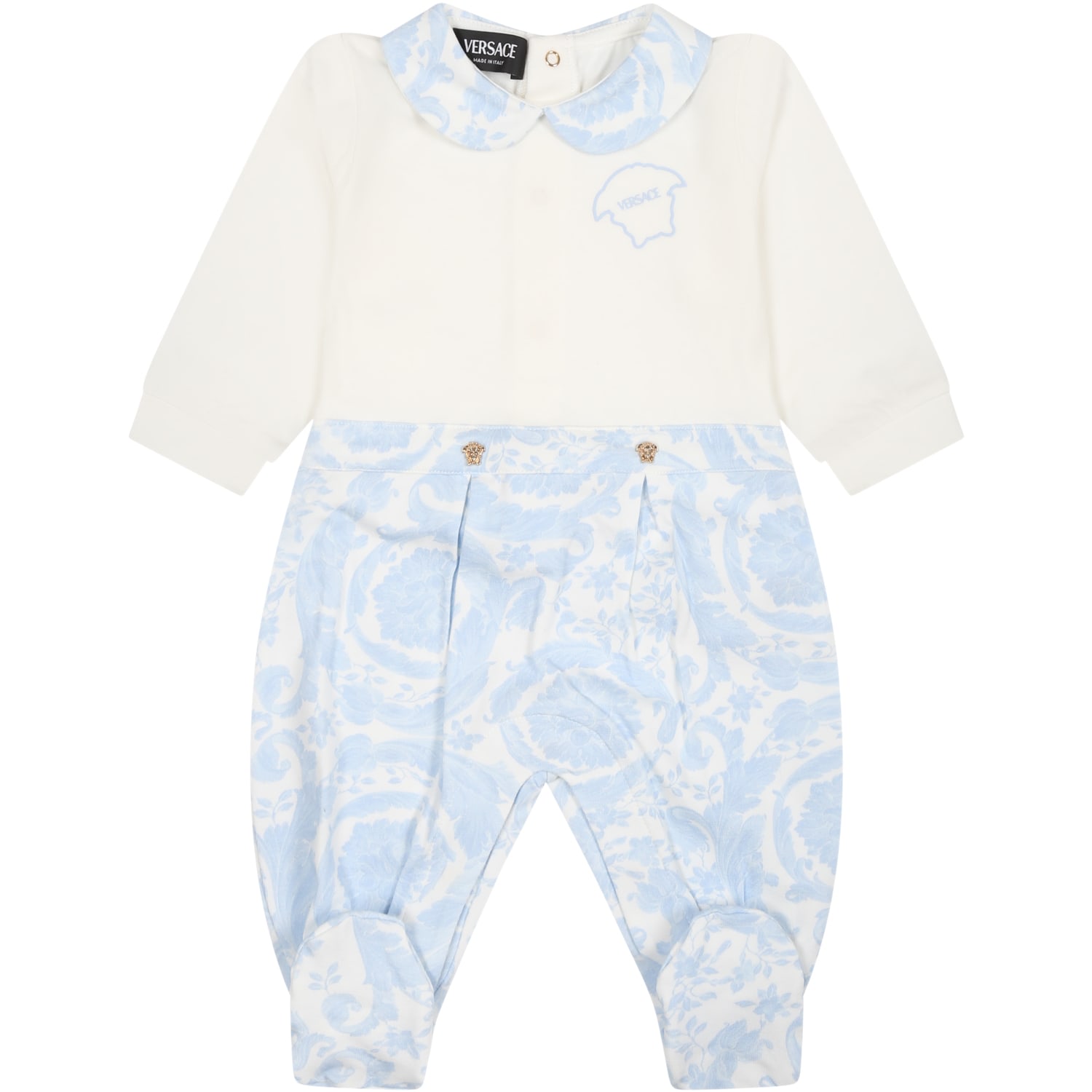 Versace Light Blue Baby Jumpsuit With Baroque Print
