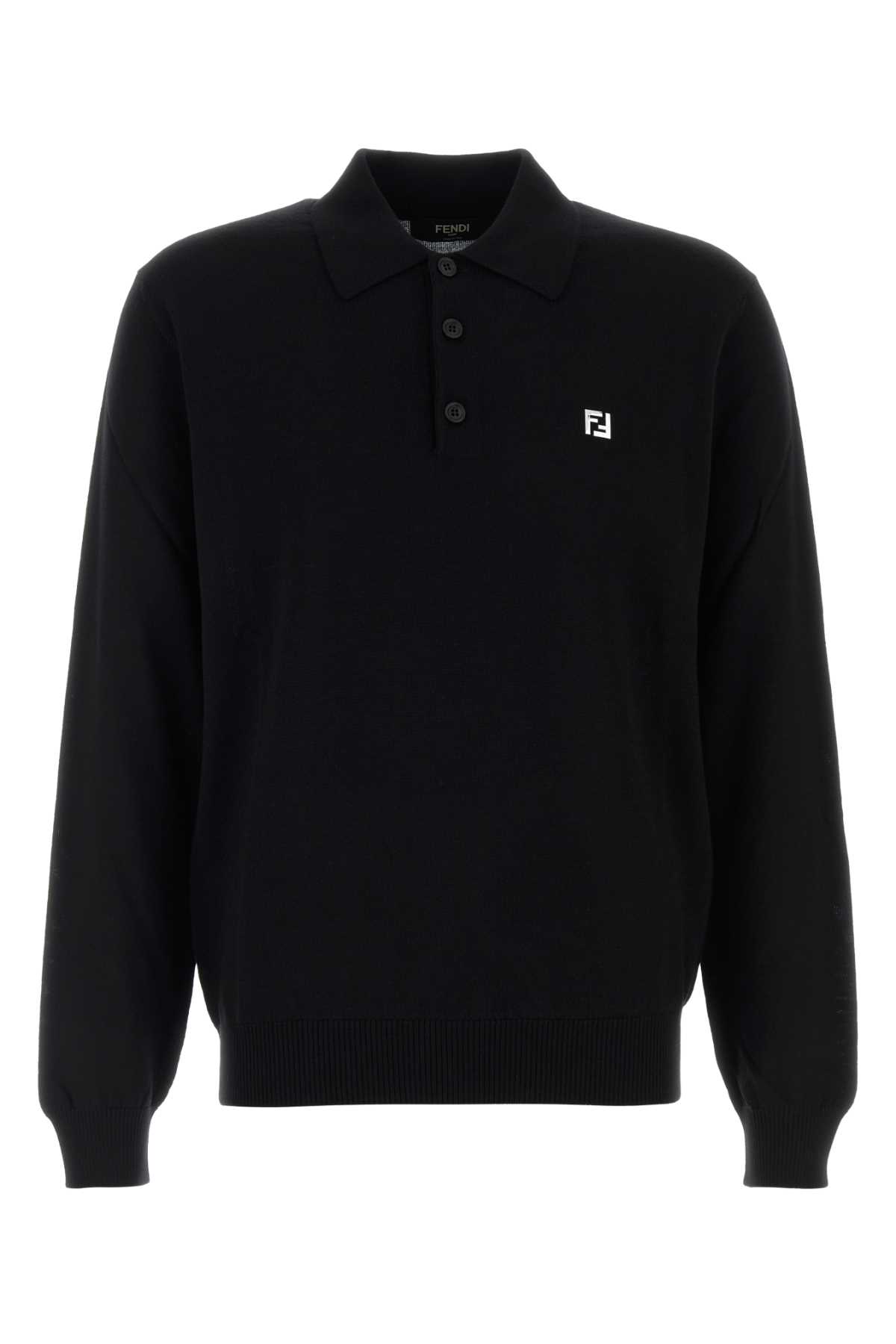 Fendi Stretch Wool Polo Shirt With Ribbed Cuffs And Hem In Black