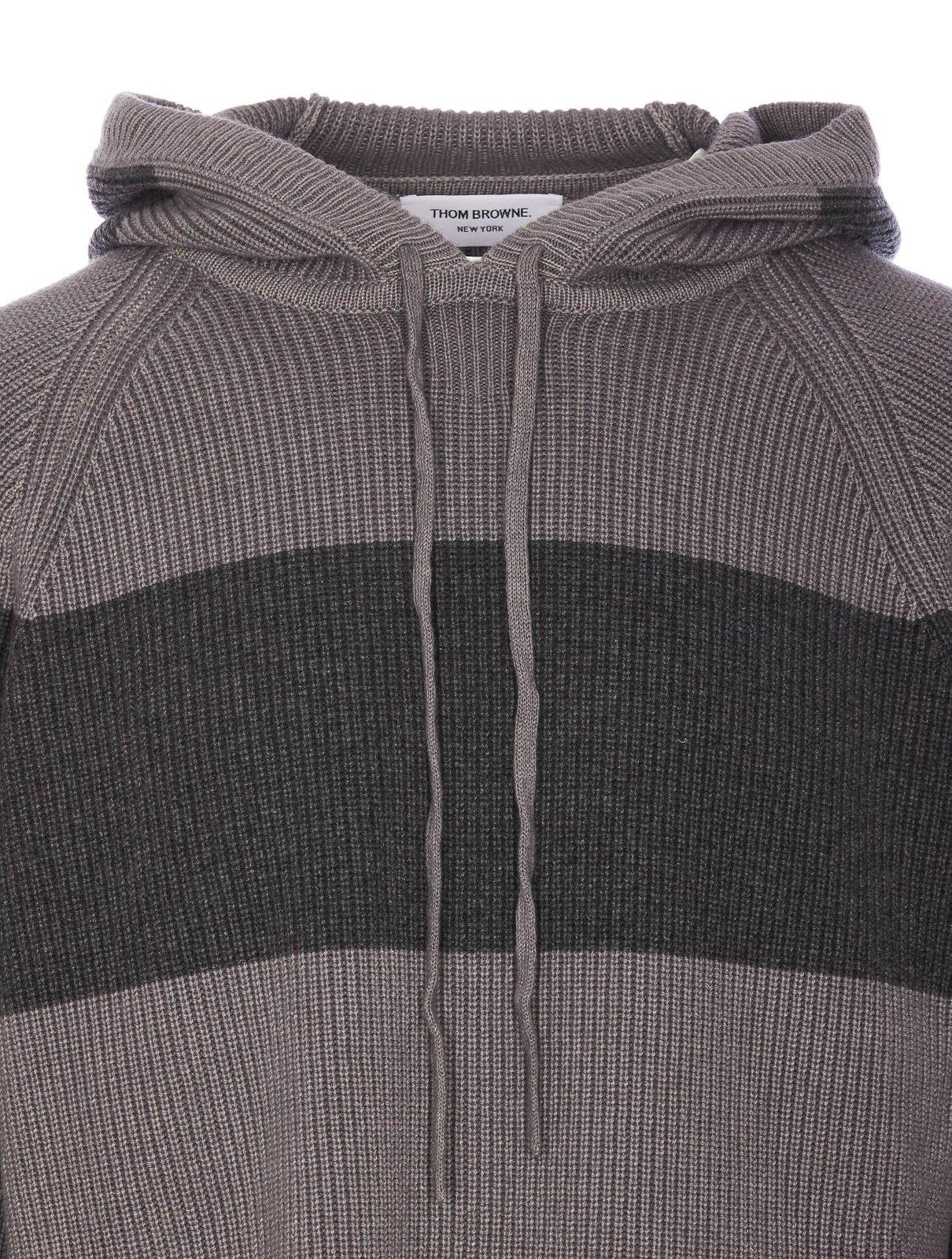 Shop Thom Browne 4-bar Striped Knitted Drawstring Hoodie In Tonal Grey