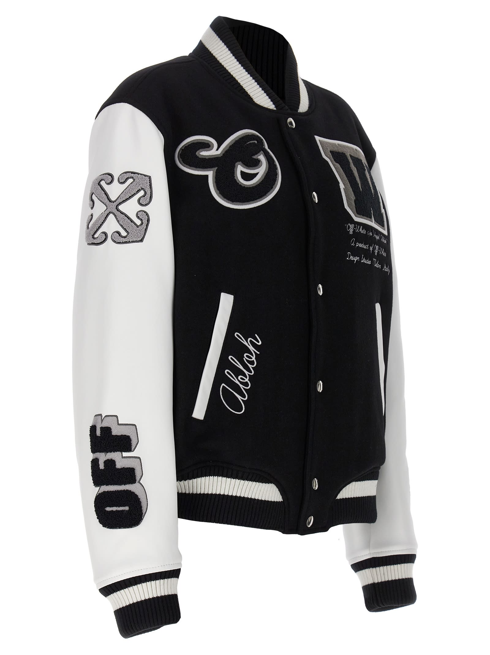 Shop Off-white Lea Wool Varsity Bomber Jacket In White/black
