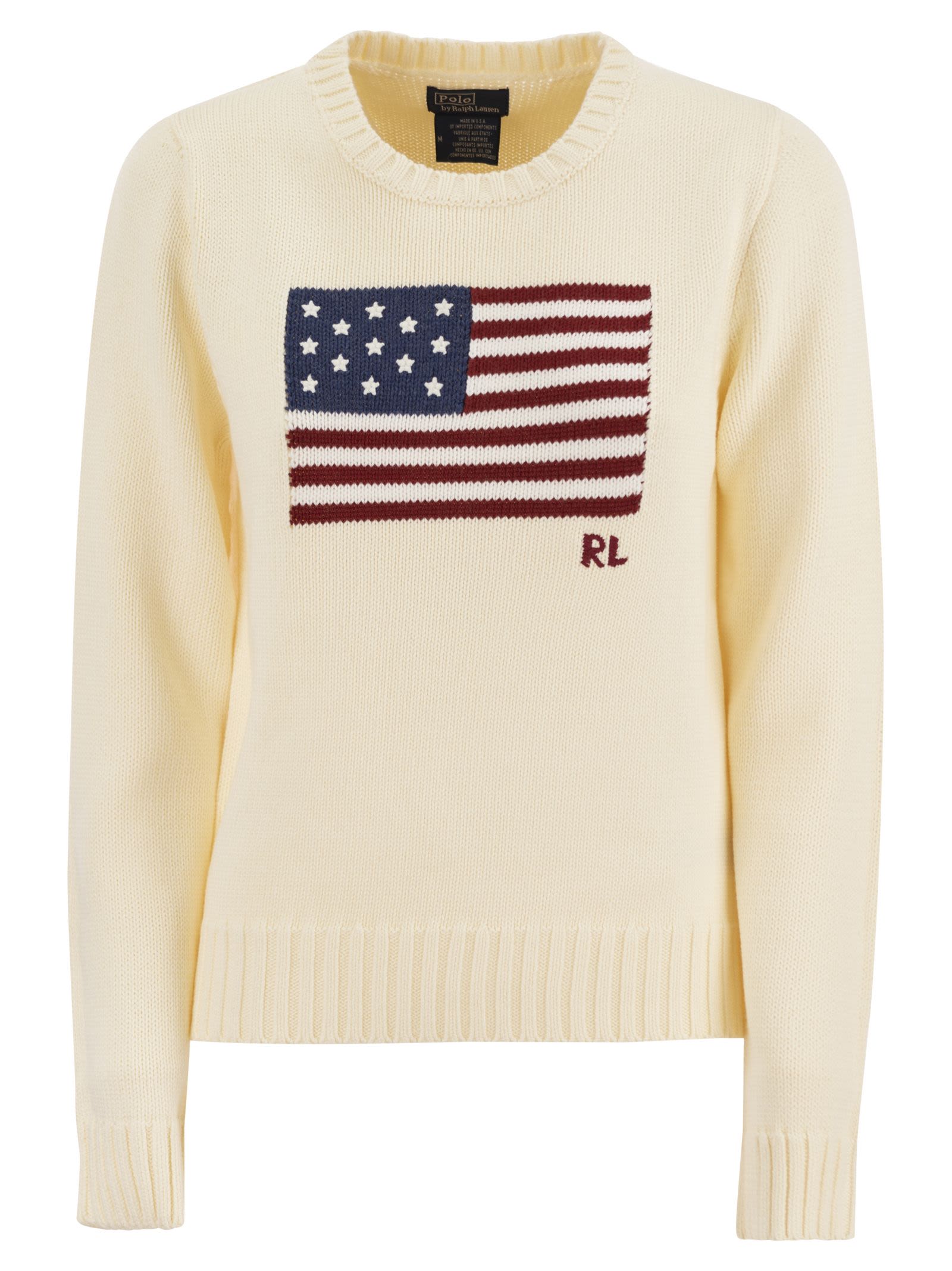 Polo Ralph Lauren Knit Sweater With Classic American Flag Design And Rl Embroidery In Neutral
