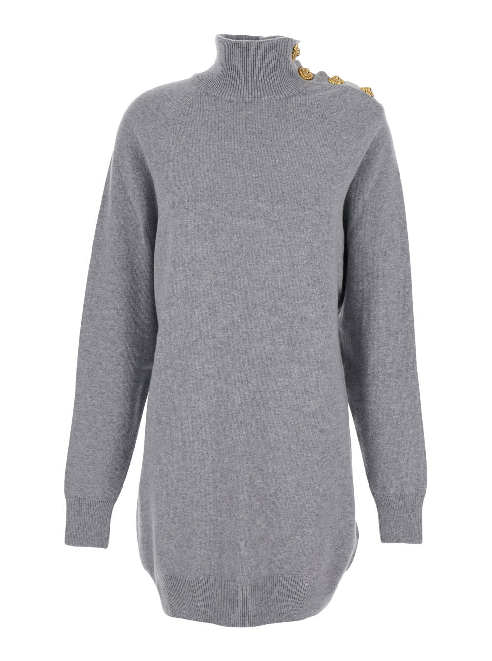 Balmain Cashmere Wool Turtleneck Dress Gold Button Detail In Gray